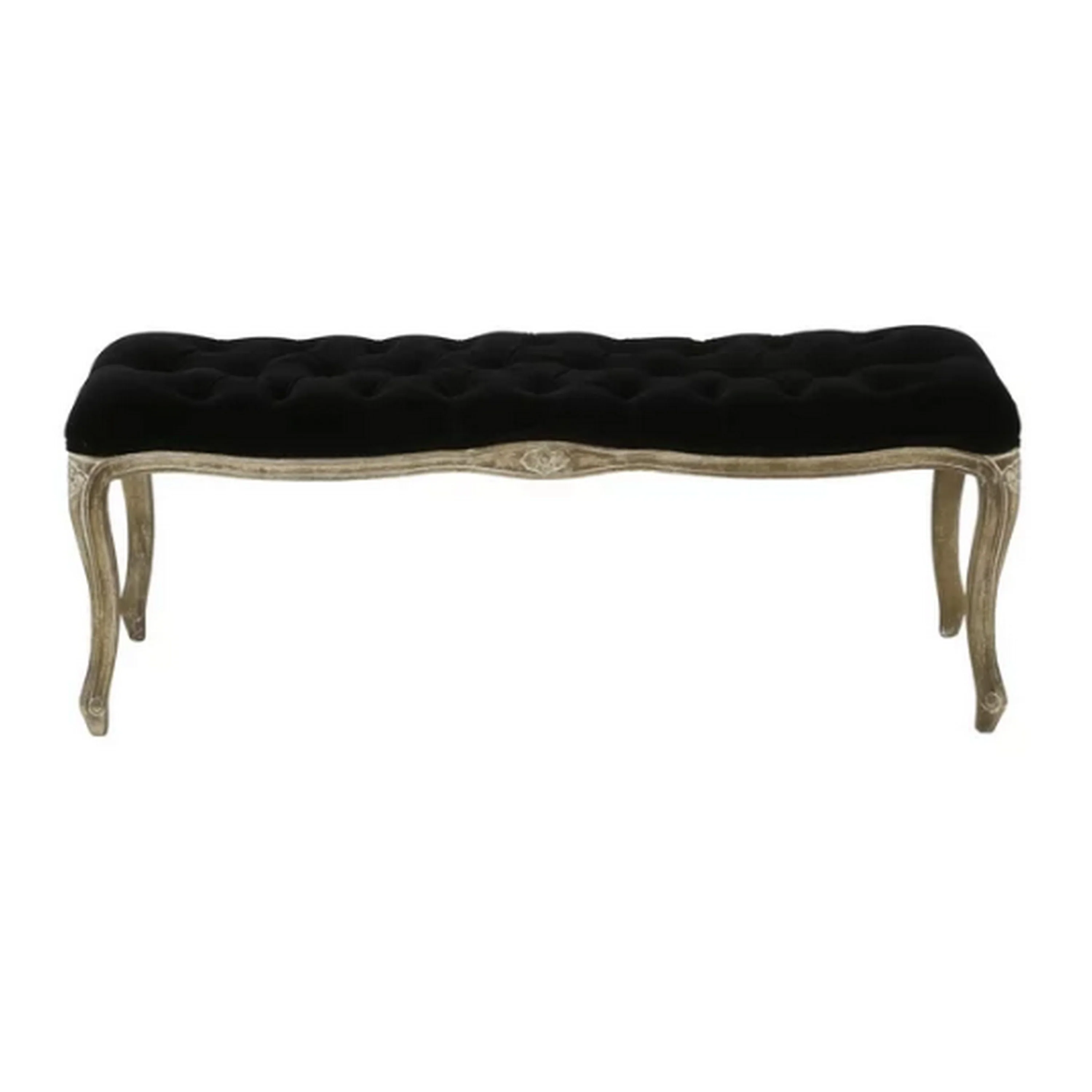 Kopa Bench Footstool, Tufted Black, Brown Wood, Curved Legs, 46 Inch