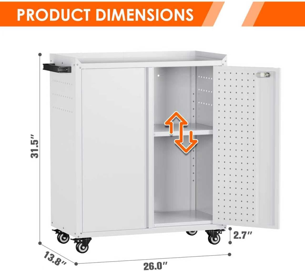 Garage Storage Cabinet with Wheels,Lockable Metal Storage Cabinet on Wheels, Pegboard for Garage Home Warehouse, Assembly Required, White,13.8 D x 26 W x 31.5 H