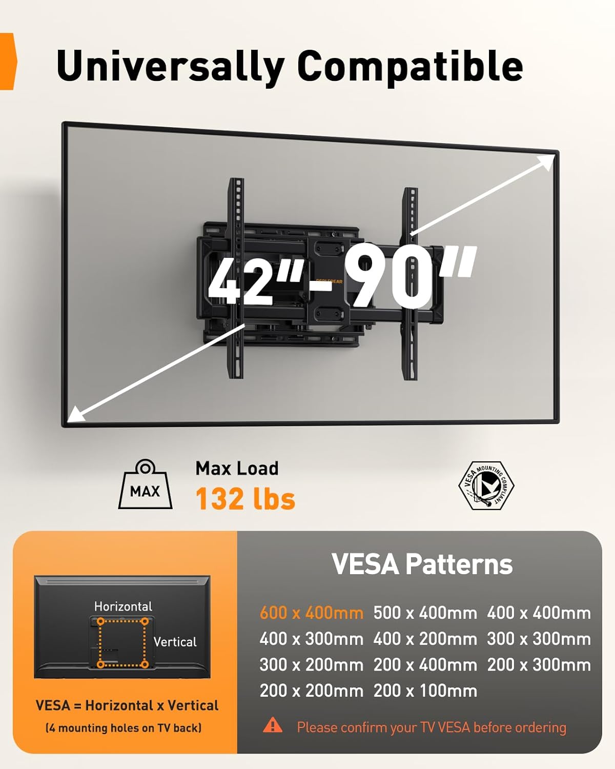 Perlegear UL Listed Full Motion TV Wall Mount for 42-90 TVs up to 132lbs, Heavy Duty TV Mount with Dual Articulating Arms, Tool-Free Smooth Tilt, Swivel, Fits 16 Studs, Max VESA 600x400mm, PGLF8