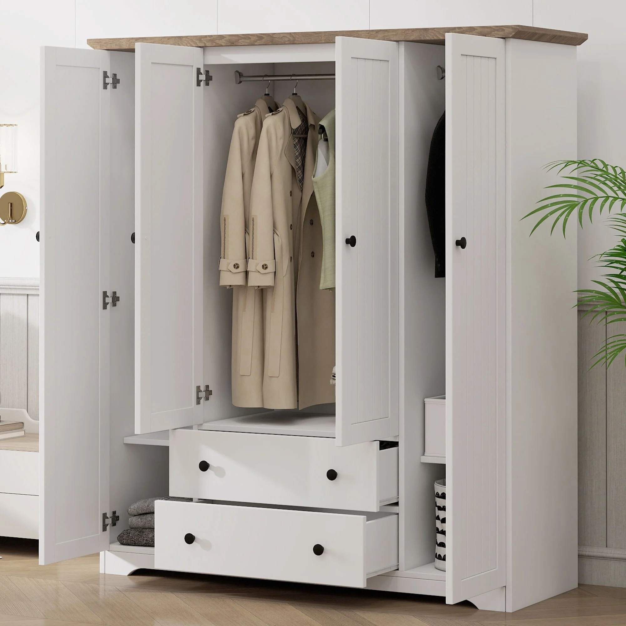 4 Door Wardrobe Armoire Closet with 2 Drawers, Freestanding Wardrobe Clothes Storage Cabinet with Hanging Rods