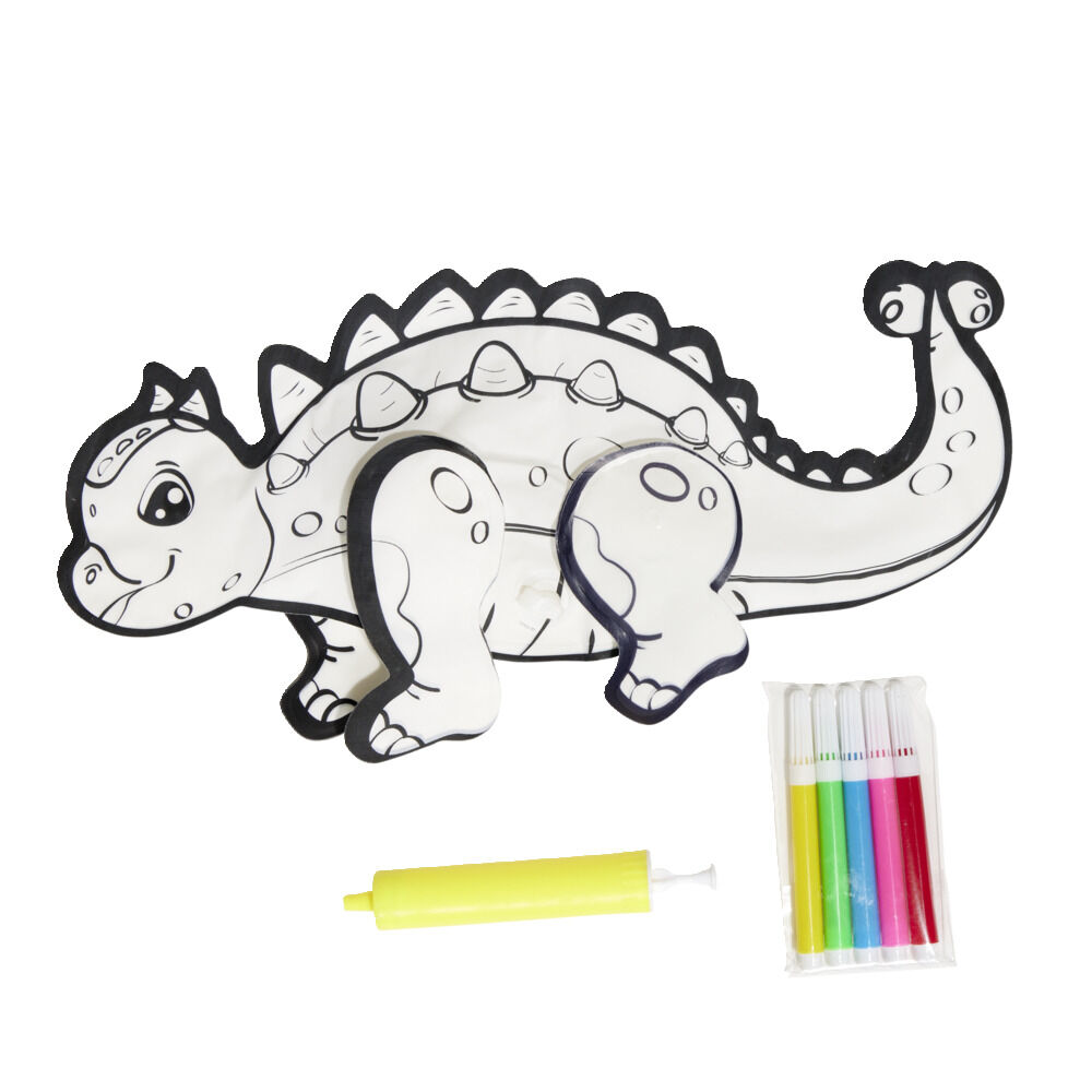 Ballon à colorier en forme de dinosaure L14cm avec 5 feutres et gonfleur
