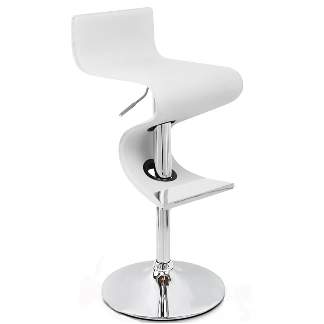 White And Silver Faux Leather And Metal Low Back Adjustable Height Bar Chair