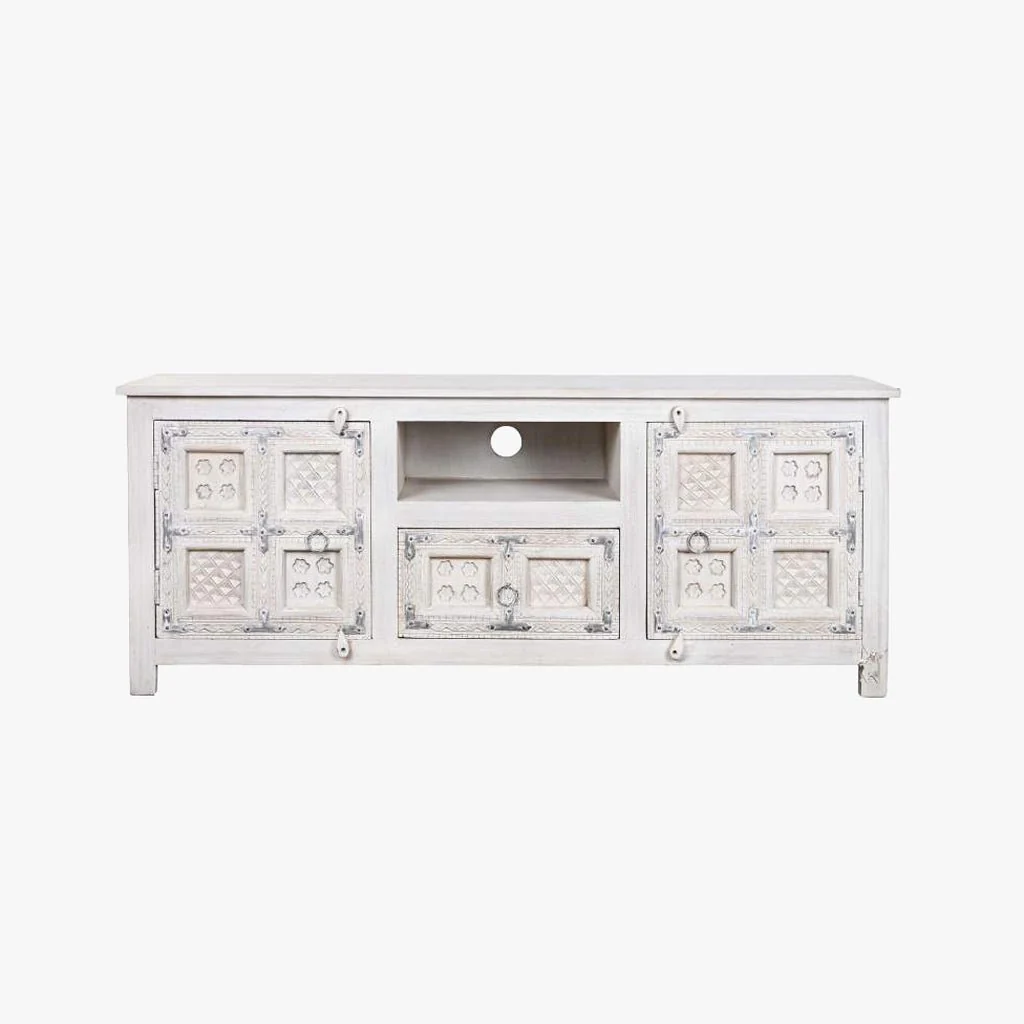 Móvel de Televisão Branco Madeira Maciça Cravada JASMIN