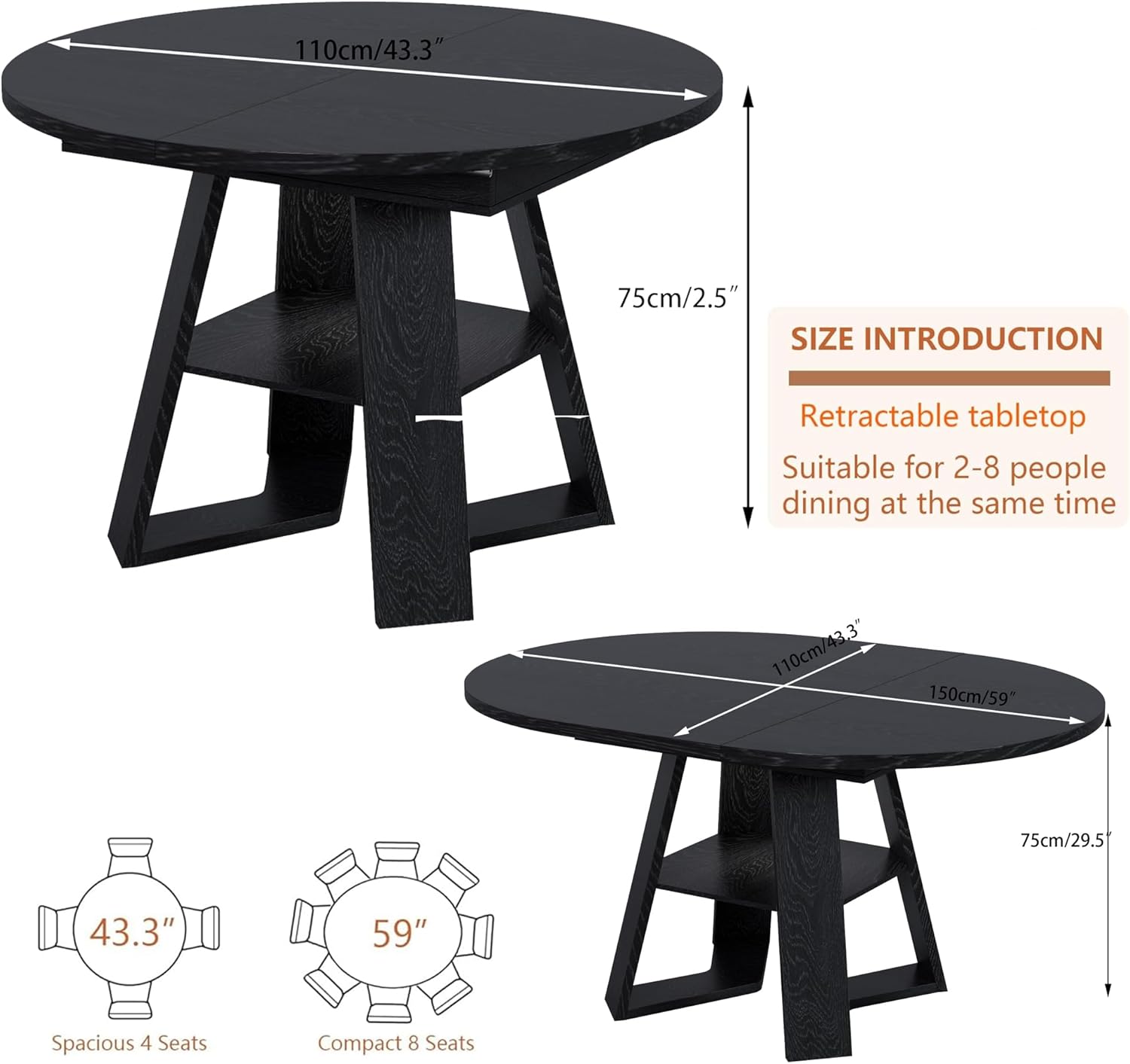 43.3in-59in Extendable Round Dining Table for 2-8,Modern Kitchen Oval Dining Table with Removable Leaves Space Saving,Wood Base with Storage Shelf for Kitchen Living Room (Black Style 3)
