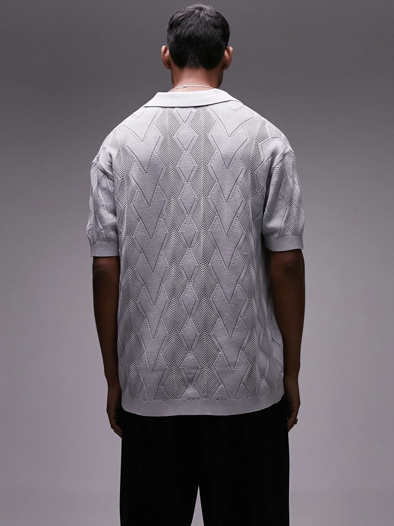 Knitted Diamond Pattern Pointelle Polo