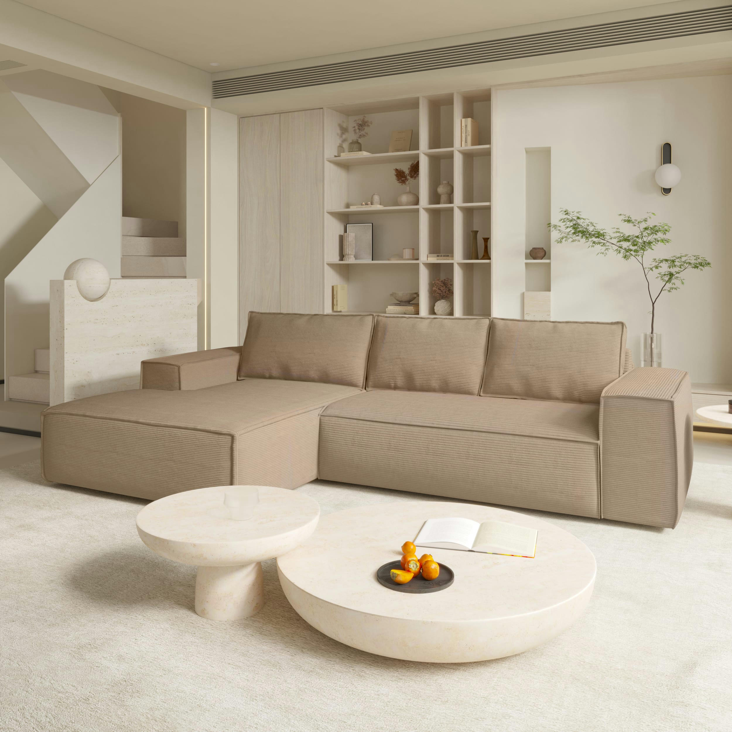 JOAN - Canapé convertible angle gauche dunlopillo velours côtelé taupe 140cm