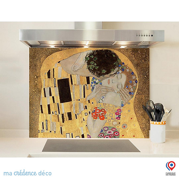 Crédence cuisine fond de hotte Gustav Klimt, Le baiser - Verre trempé - L 90 cm x H 60 cm - MaCrédenceDéco