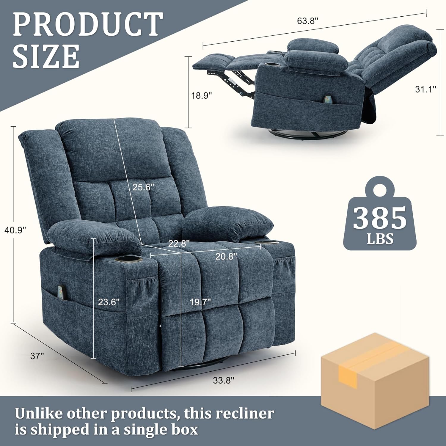 Korser 360° Swivel Rocker Recliner for Adults, Nursery Glider Recliner with Massage and Heating, Rocking Chair with Cup Holder, Manual Recliner Chair for Living Room, Bedroom (Fabric, Blue)