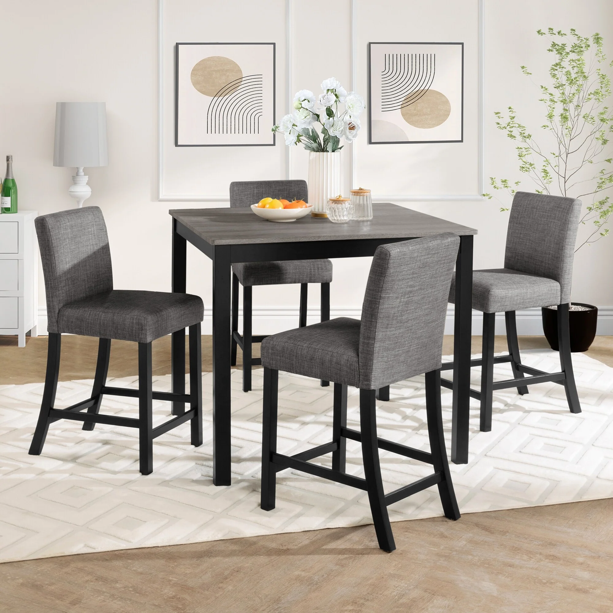 5 Piece Wooden Counter Height Dining Set, Square Dining Table with 4 Upholstered Chairs, for Kitchen, Breakfast Nook