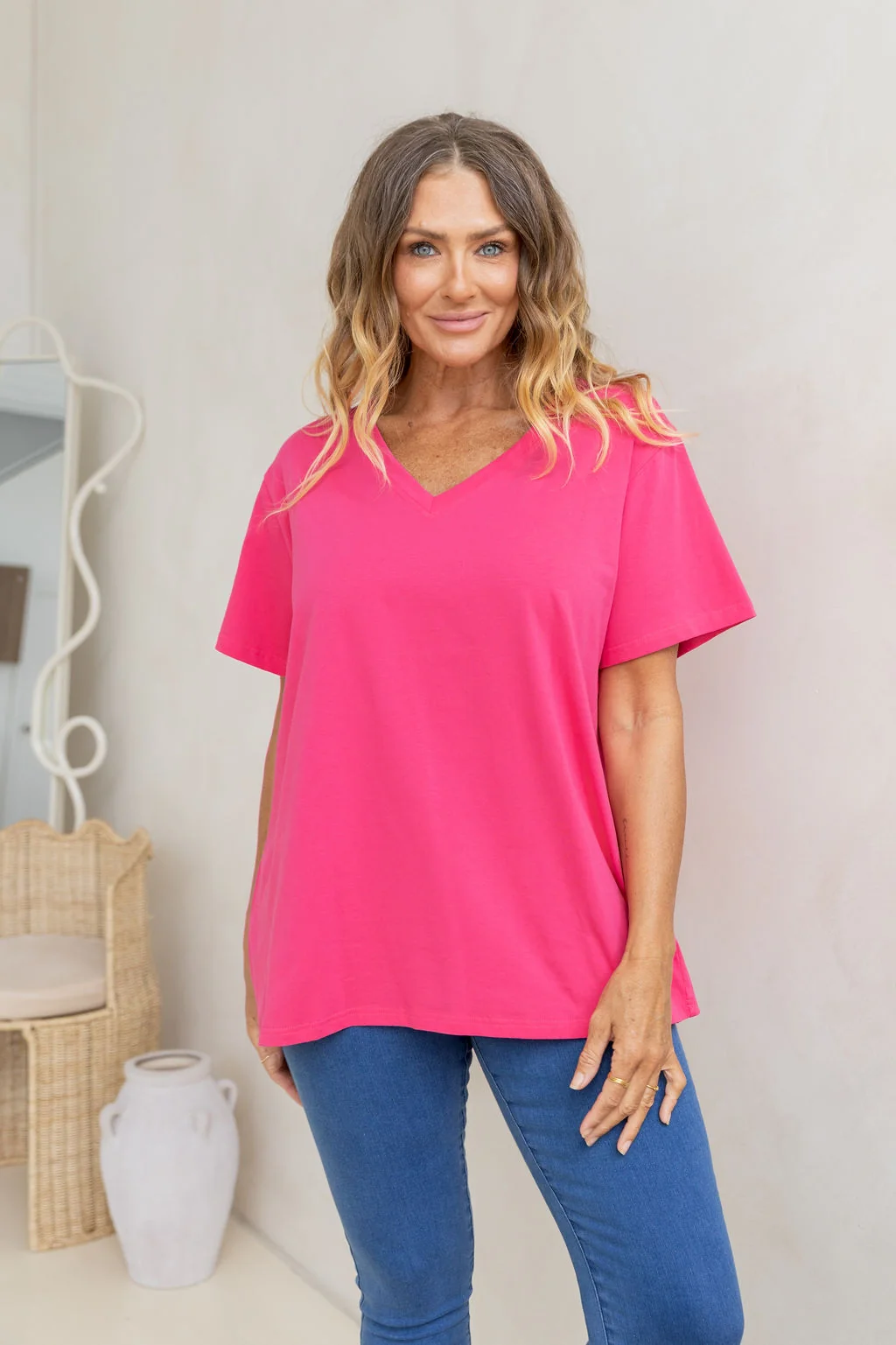 Relaxed V-Neck Tee in Hot Pink
