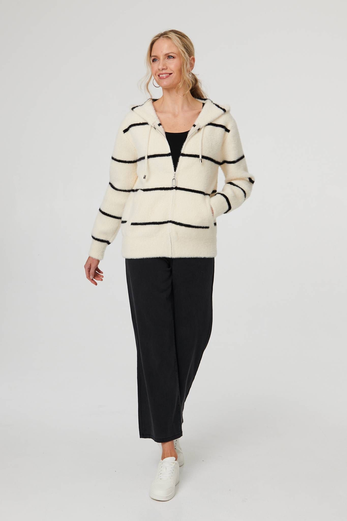 Izabel London Stripe Print Textured Hooded Jacket
