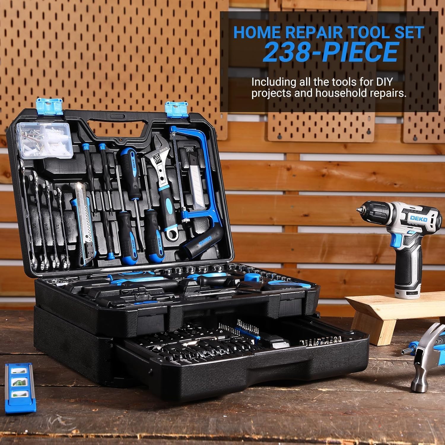 Tool Set: Tool Kit with 12V Cordless Drill, Hand Toolbox with storage case, Mechanic Tool set for Home Repairs, Blue