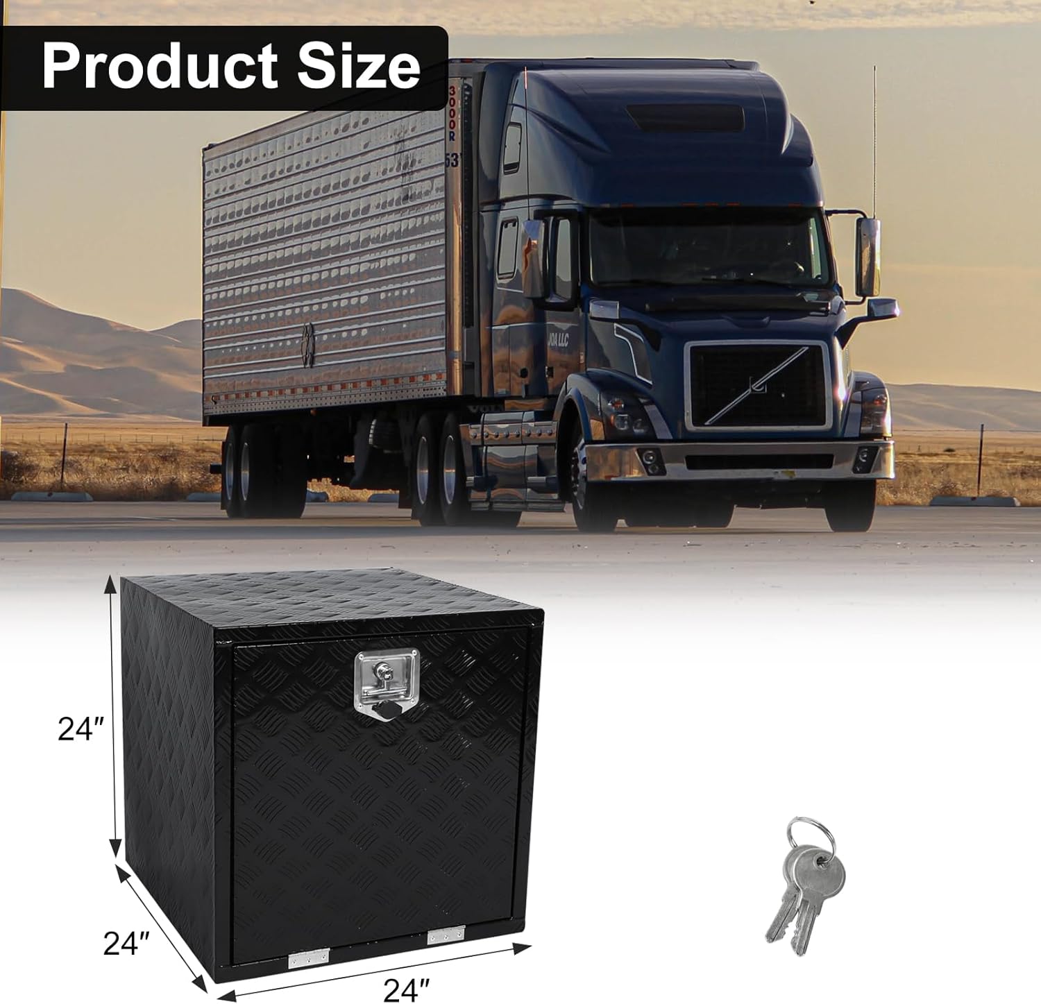 confote 24x 24x 24 Heavy Duty Aluminum Stripes Plated Tool Box Underbody Truck Box Pick Up Truck Bed RV Trailer Toolbox Waterproof Square Storage Organizer with Lock and Keys-Black