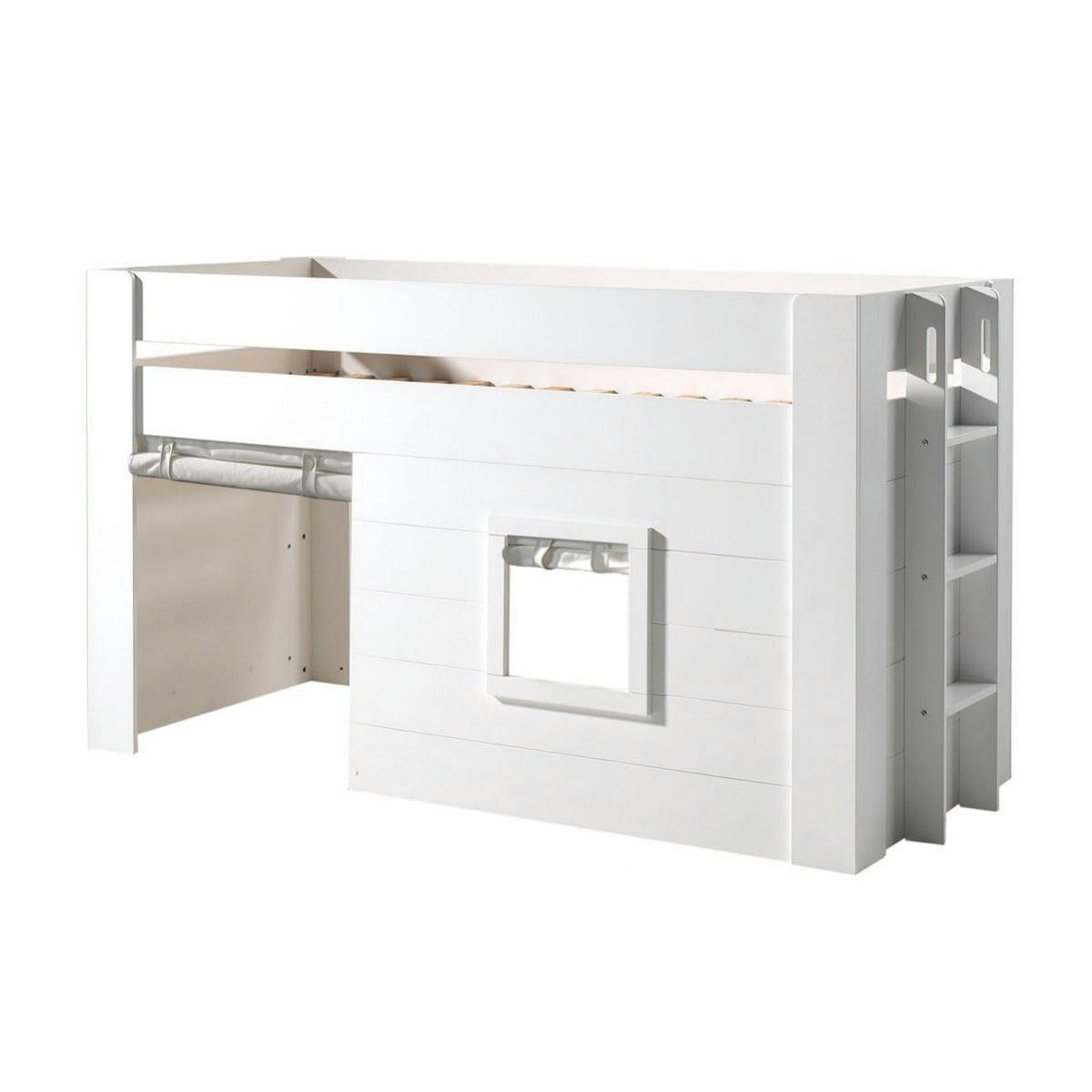 ELSA - Lit  surélevé cabane 90x200cm blanc avec rideaux