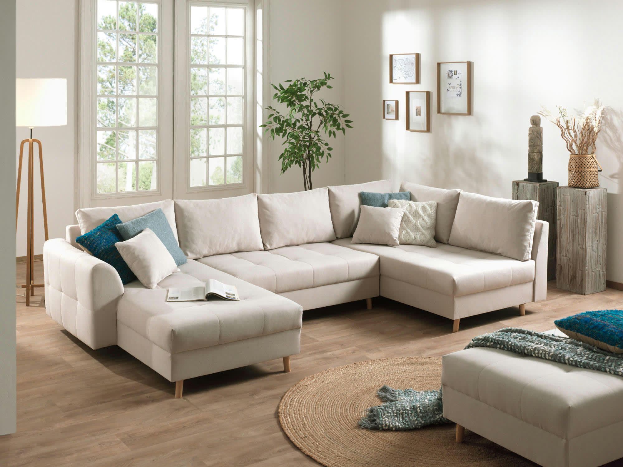 RUNE - Canapé panoramique 7 places angle droit en tissu beige