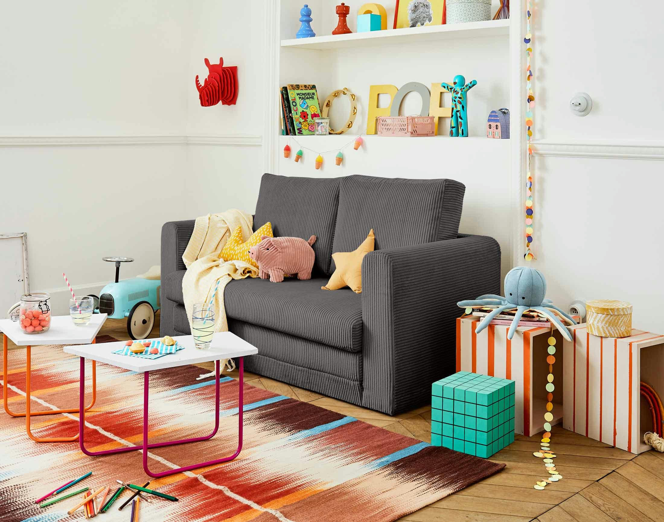 MARILIA - Canapé droit convertible 2 places en velours côtelé gris