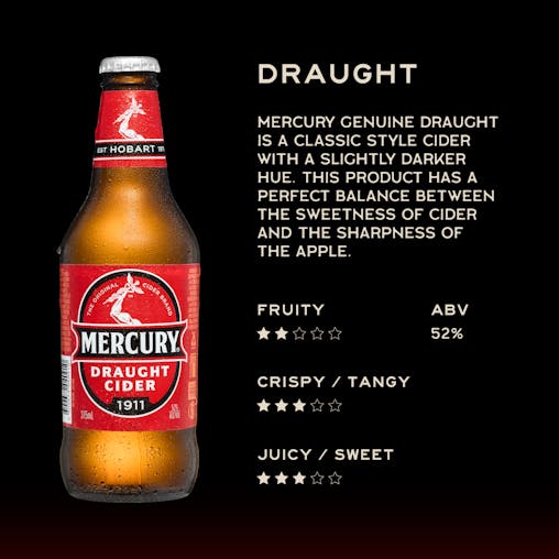 Mercury Draught Cider, Full Flavoured with a Smooth Sweet Finish, Crisp & Refreshing, 5.2% ABV, 375mL (Case of 24 Bottles)
