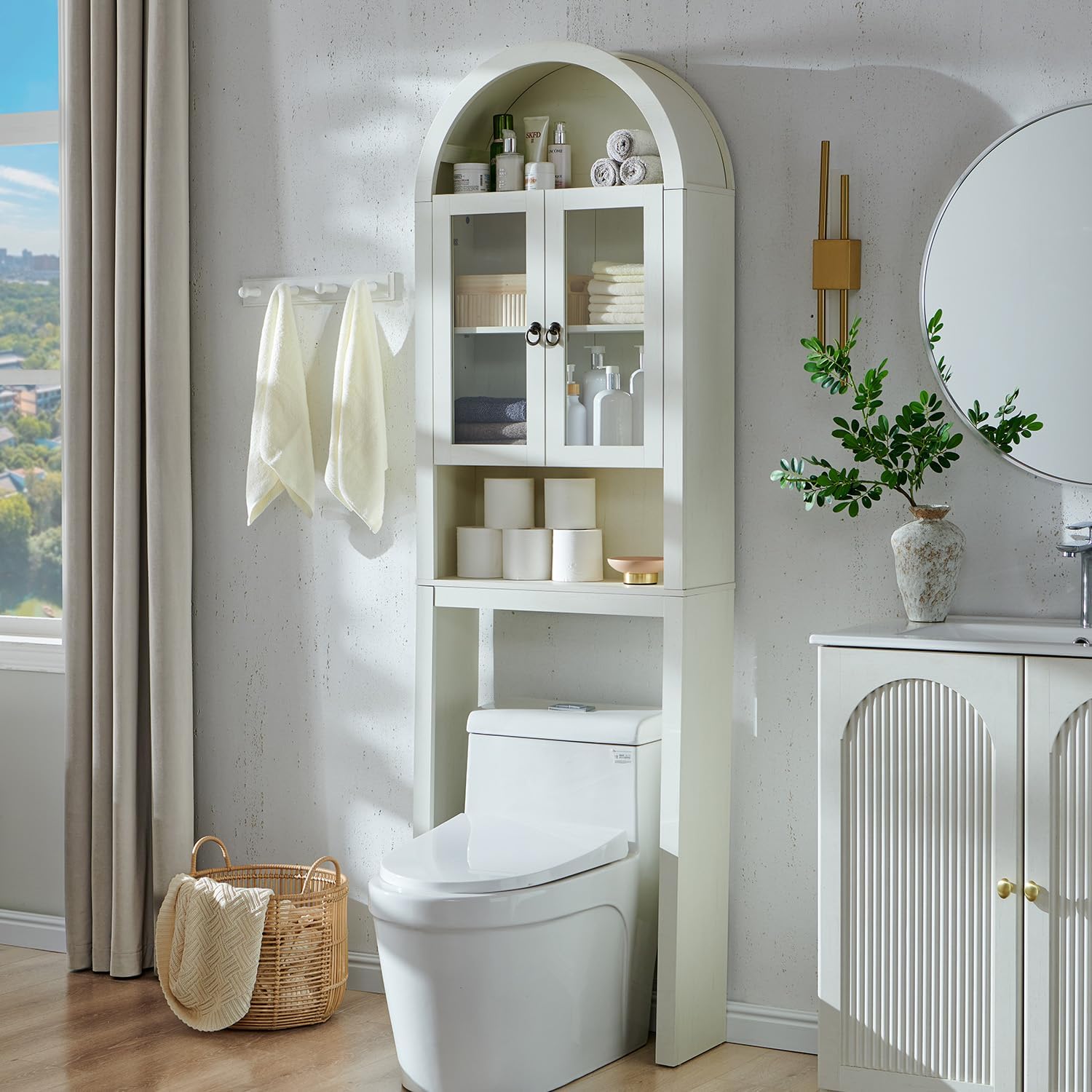 IFGET Arched Over The Toilet Storage Cabinet with Acrylic Doors, Modern Over Toilet Bathroom Organizer Shelf, Small Wooden Bathroom Storage Cabinet with Adjustable Shelf, Space Saver, Antique White
