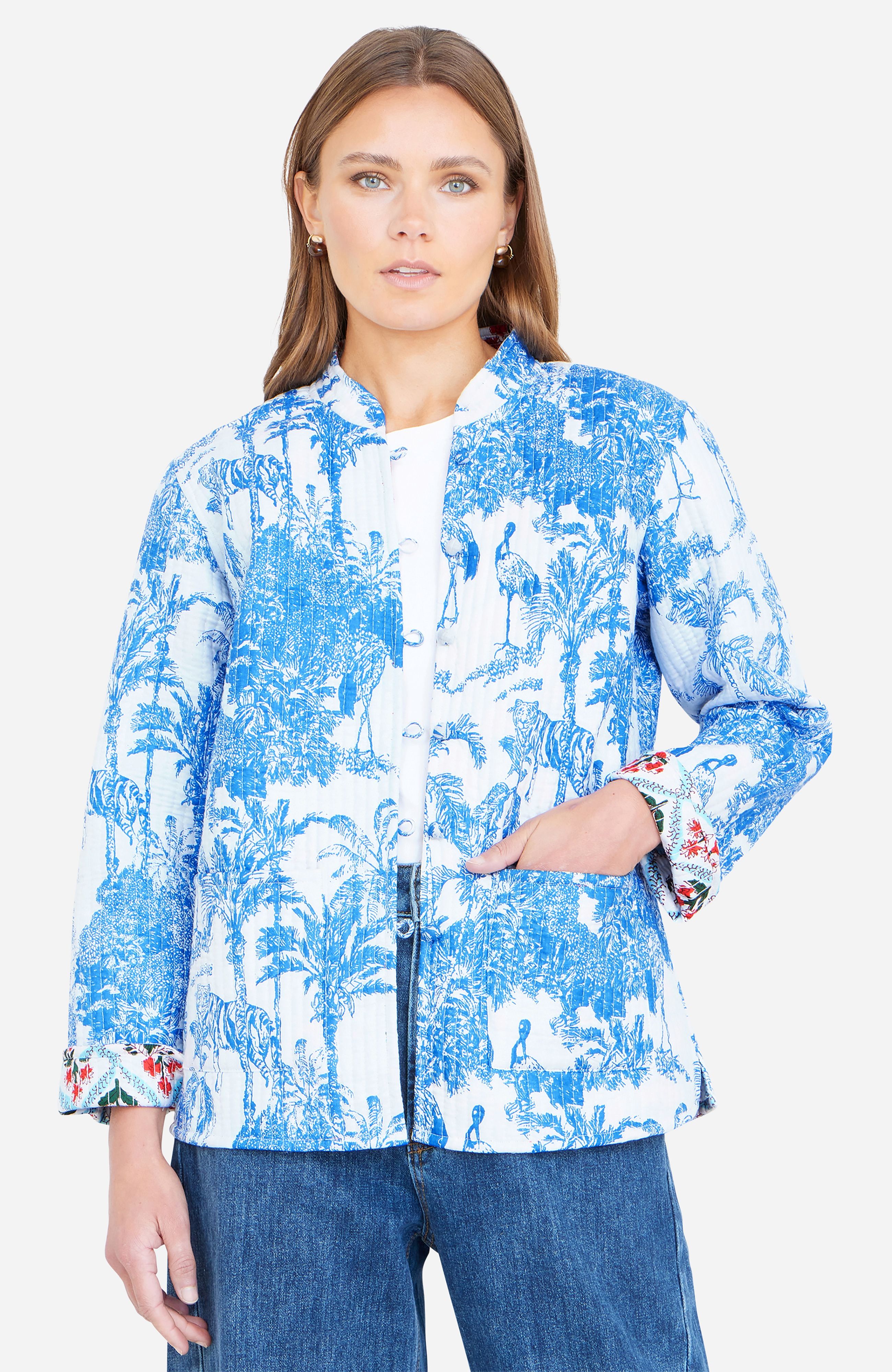 Yumi Blue Palm Reversible Cotton Quilted Jacket
