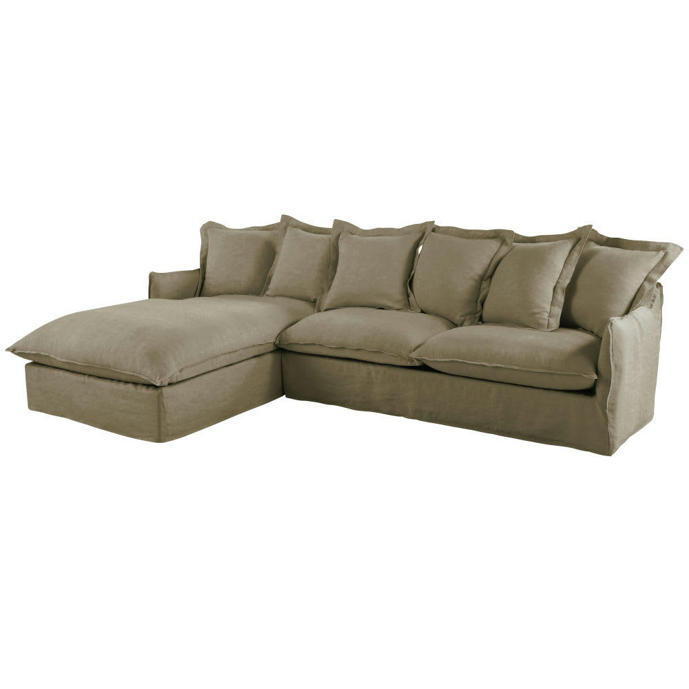 Barcelone - Canapé d'angle gauche convertible 6 places en lin vert kaki