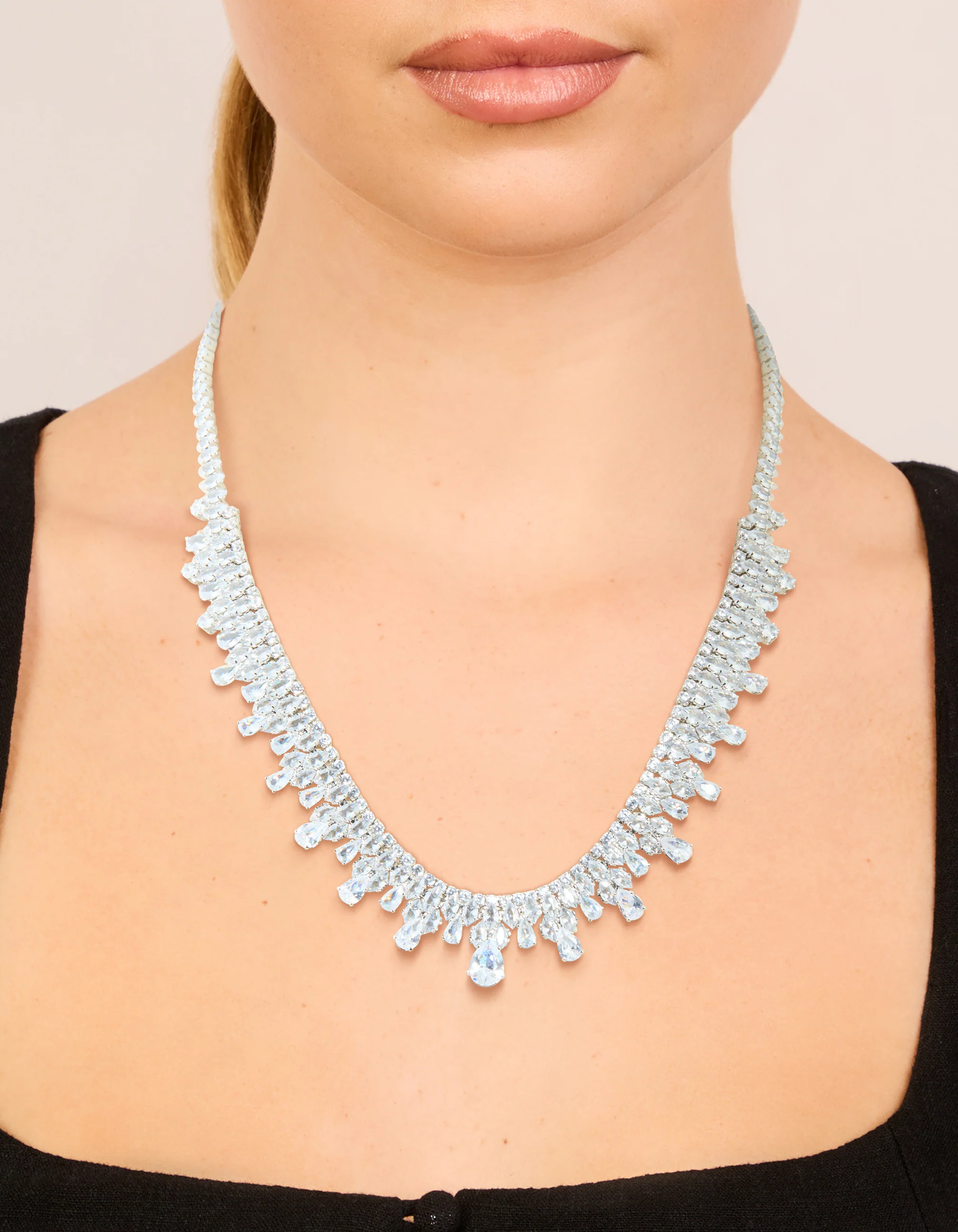 Silver Cubic Zirconia Vintage Multi Pear Drops Necklace