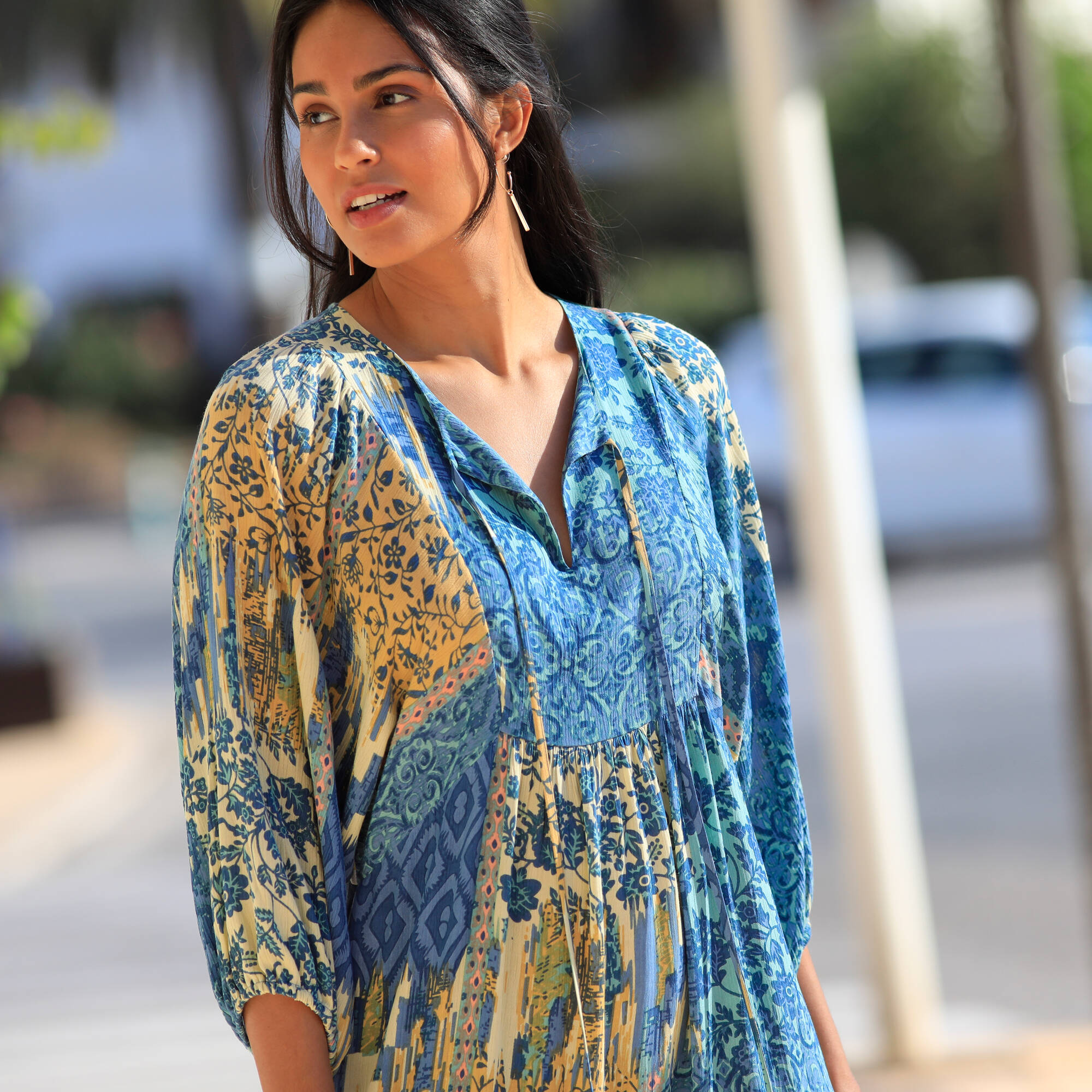 Robe longue imprimée, crépon