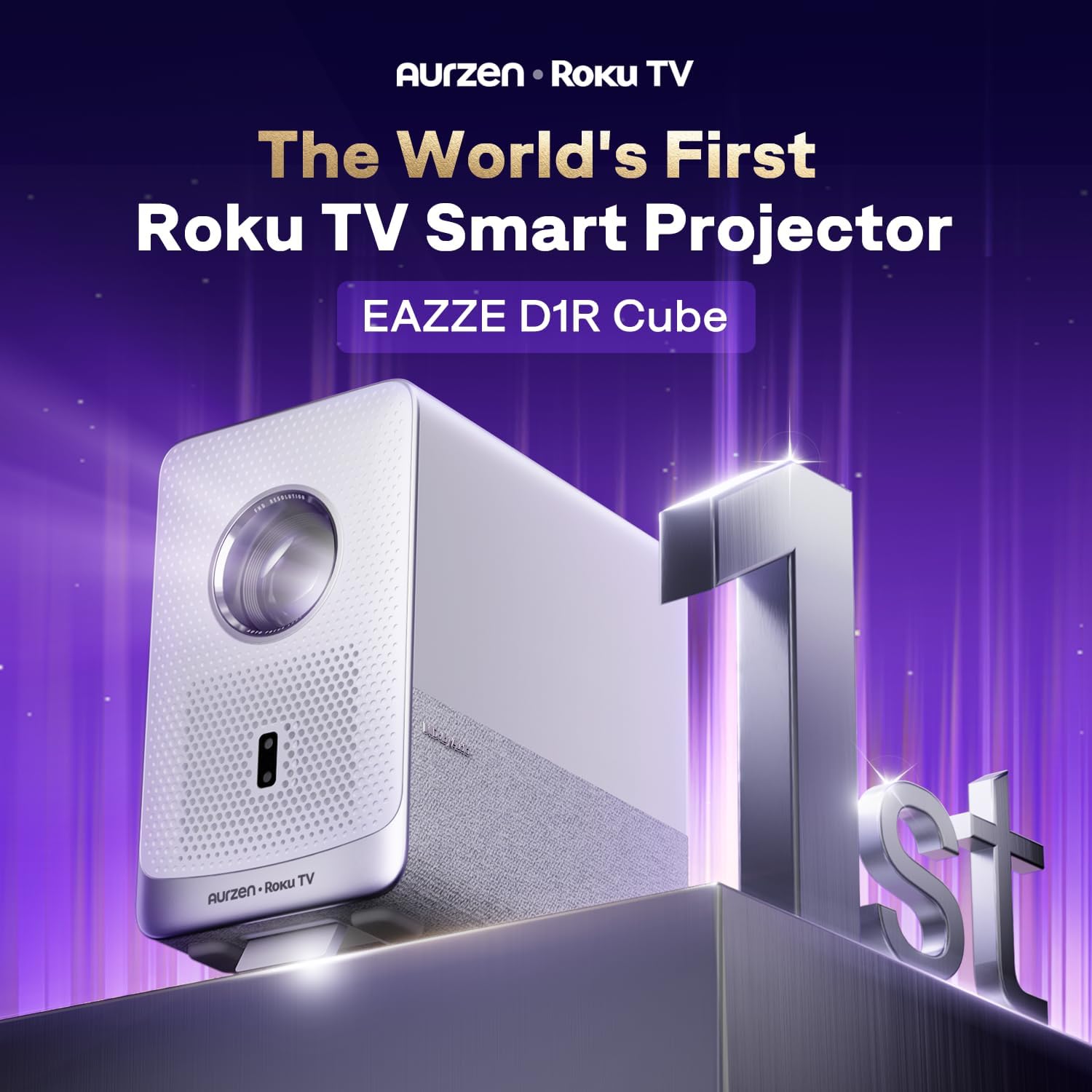 Aurzen Roku TV Smart Projector with Wifi and Bluetooth, D1R Cube Roku Streaming Experience Built-in, Sealed Optical Engine, 1080P FHD, DoIby Audio, Portable Mini Projector for Home/Outdoor Movies