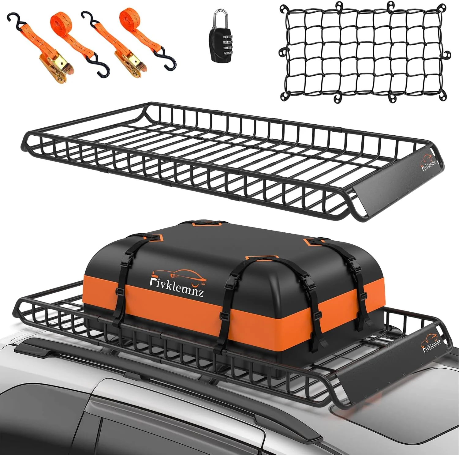 Universal Roof Basket 51x36x5 + 15 Cu Ft Waterproof Cargo Bag with Lock(Extra Large)