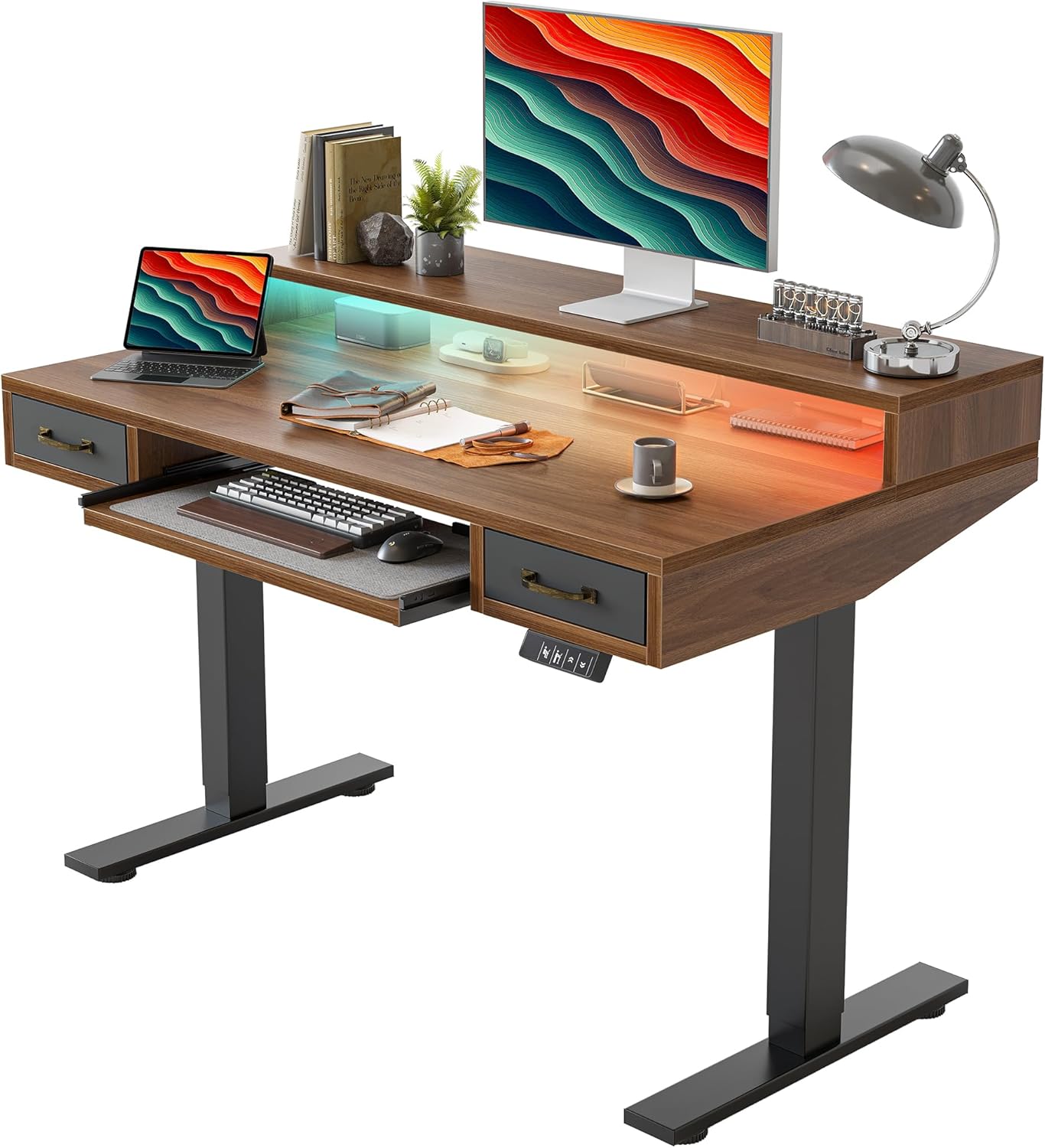 TIQLAB Standing Desk with Two Drawers, Stand Up Standing Desk Adjustable Height, Electric Sit Stand Table with Storage Shelf and Splice Board, with LED Light, 47 * 28 inch, Black Walnut