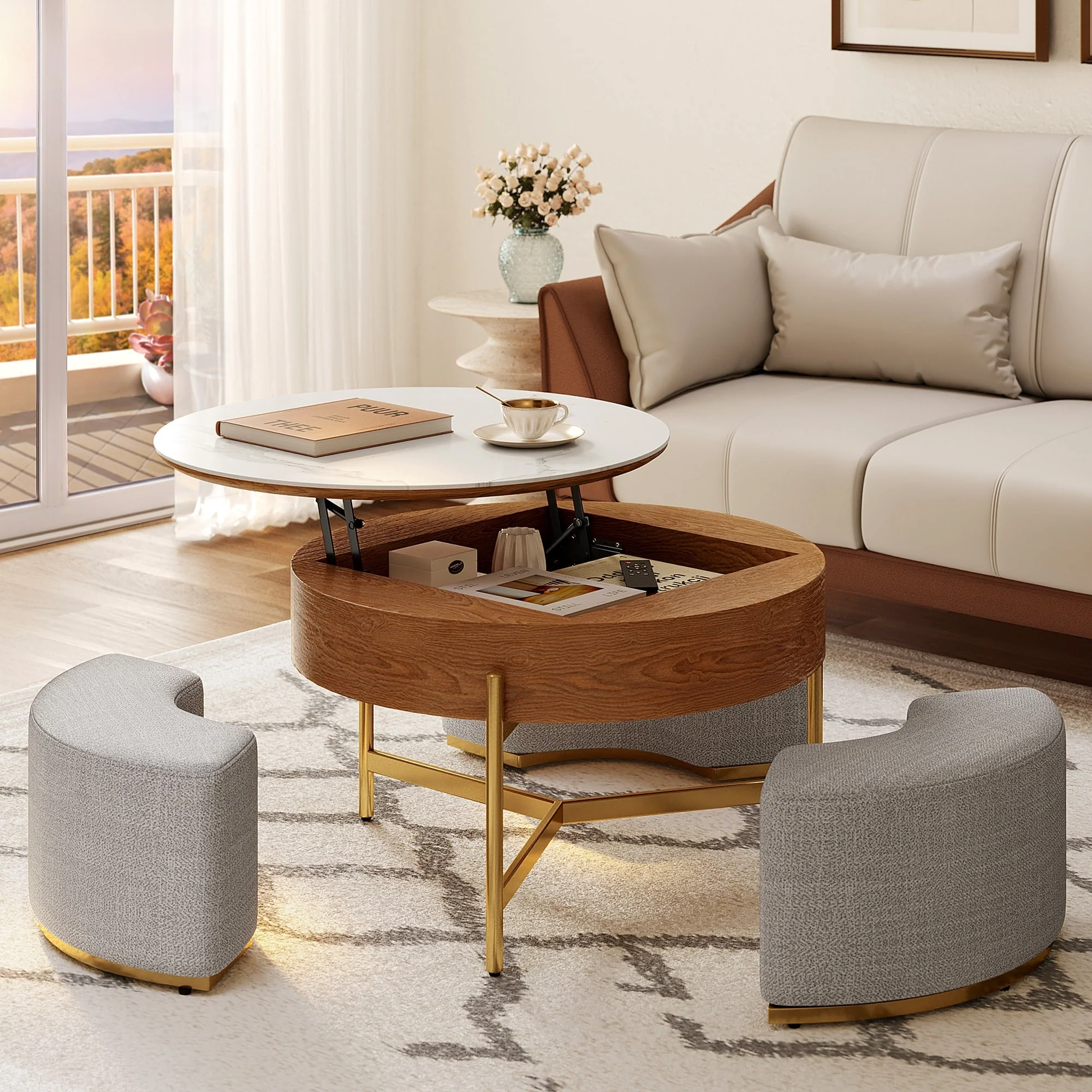 Lift Top Extendable Frame Coffee Table with Storage And 3 Ottomans