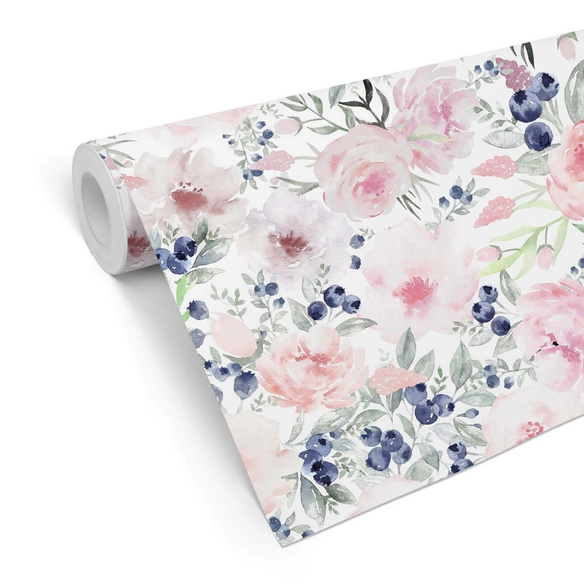Vliestapete »Vintage Vliestapete«, Pastell blaue Beeren Blumen, mehrfarbig, matt