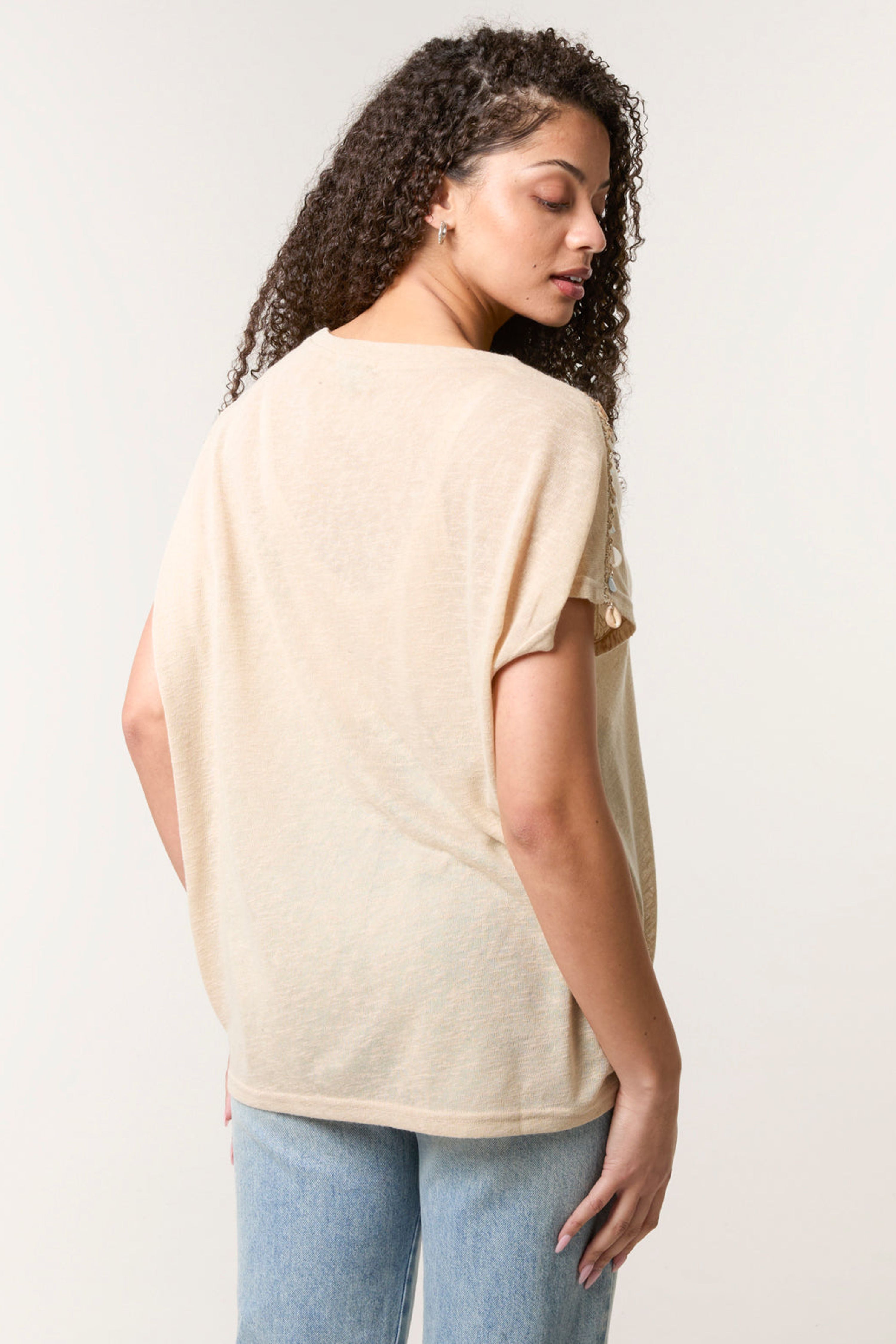 Blue Vanilla Stone Shell Trim Oversized Top