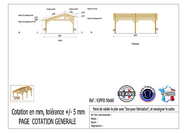 Carport 2 pentes faitage décalé, 500cm x 600cm,Pin DOUGLAS Français(Charpente en bois-auvent-abri voiture)30 m².Garantie 10 ans