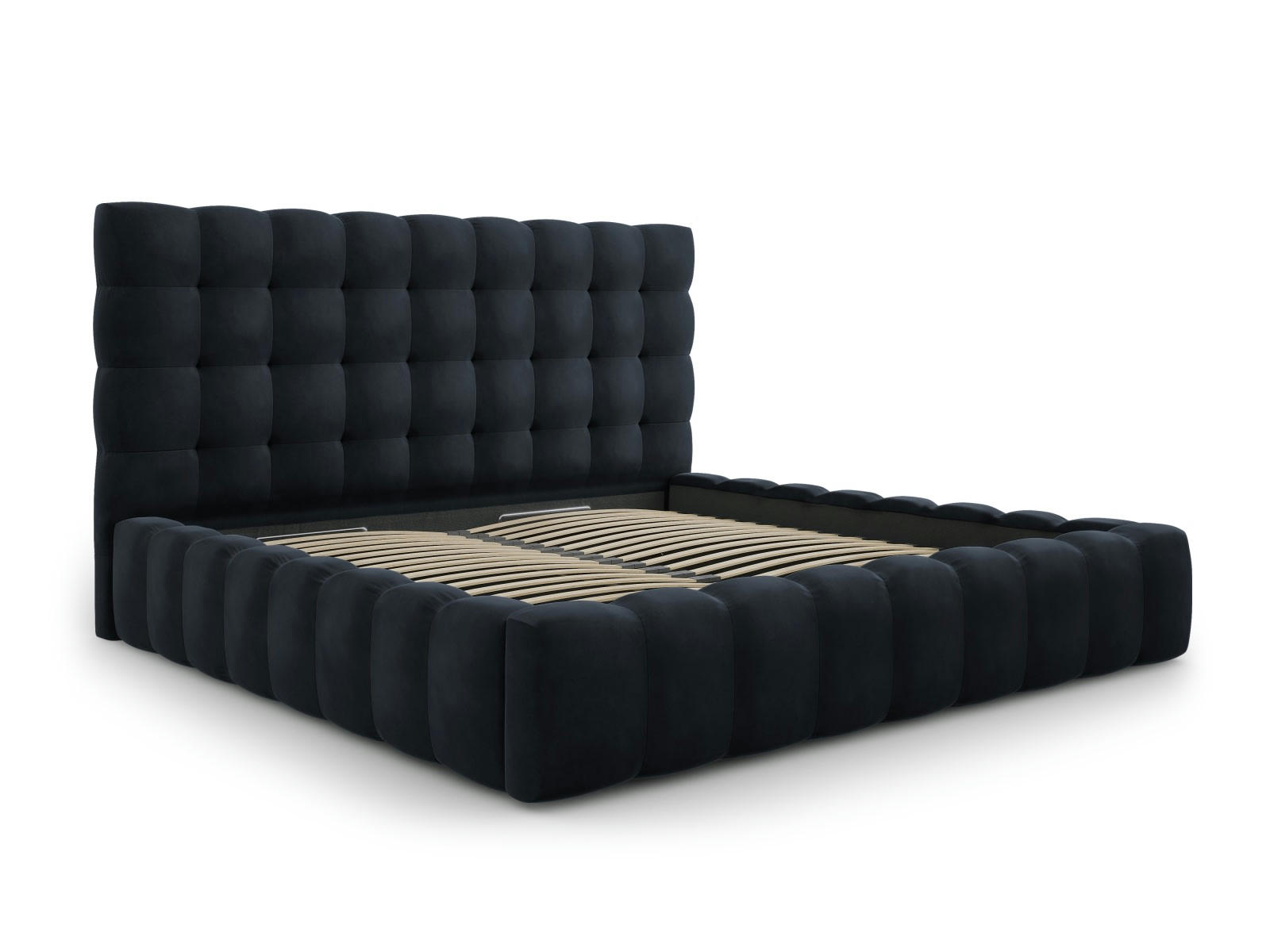 MAMAIA - Lit coffre en avec tête de lit 200x200cm en tissu velours bleu foncé