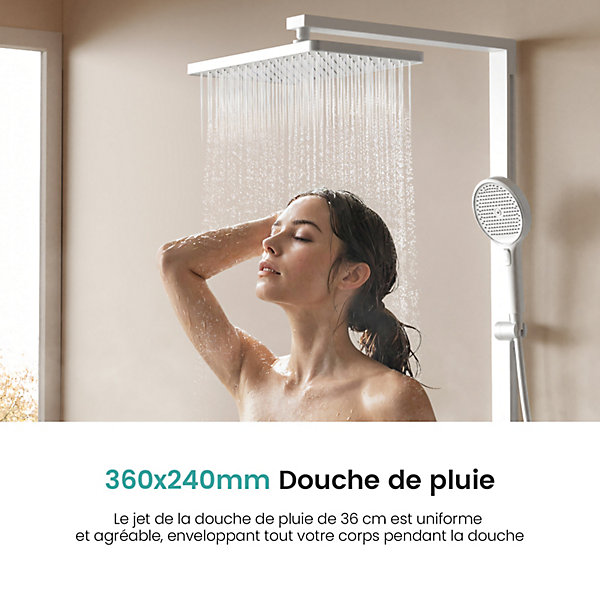 EMKE Colonne de douche thermostatique, plaque pluie 40 cm, douchette 4 jets, barre et robinetterie, blanc mat