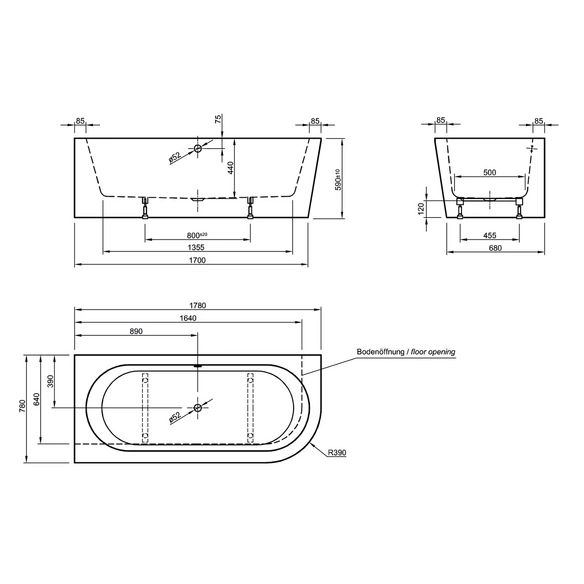 Badewanne »Modena«, BxHxL: 78 x 44 x 178 cm, abgerundet