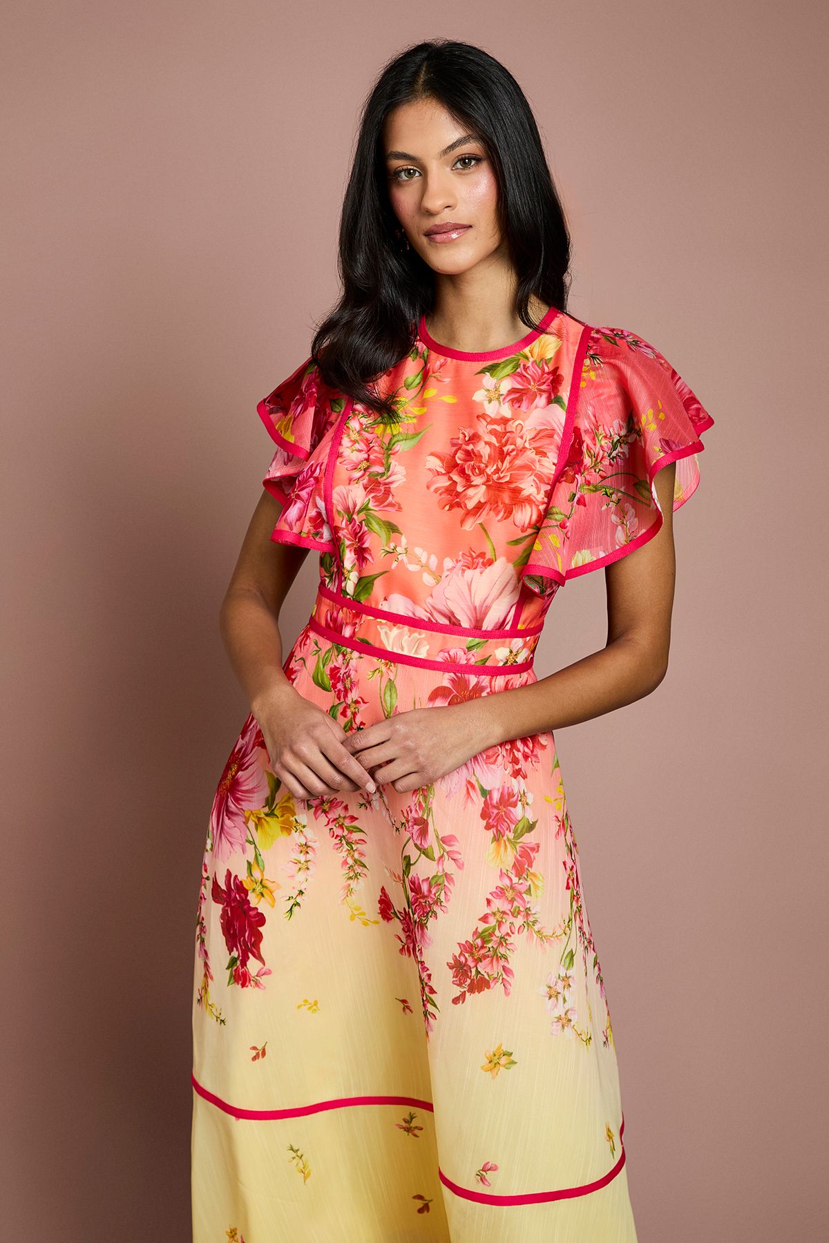 Coast Petite Placement Print Frill Sleeve Midi Dress