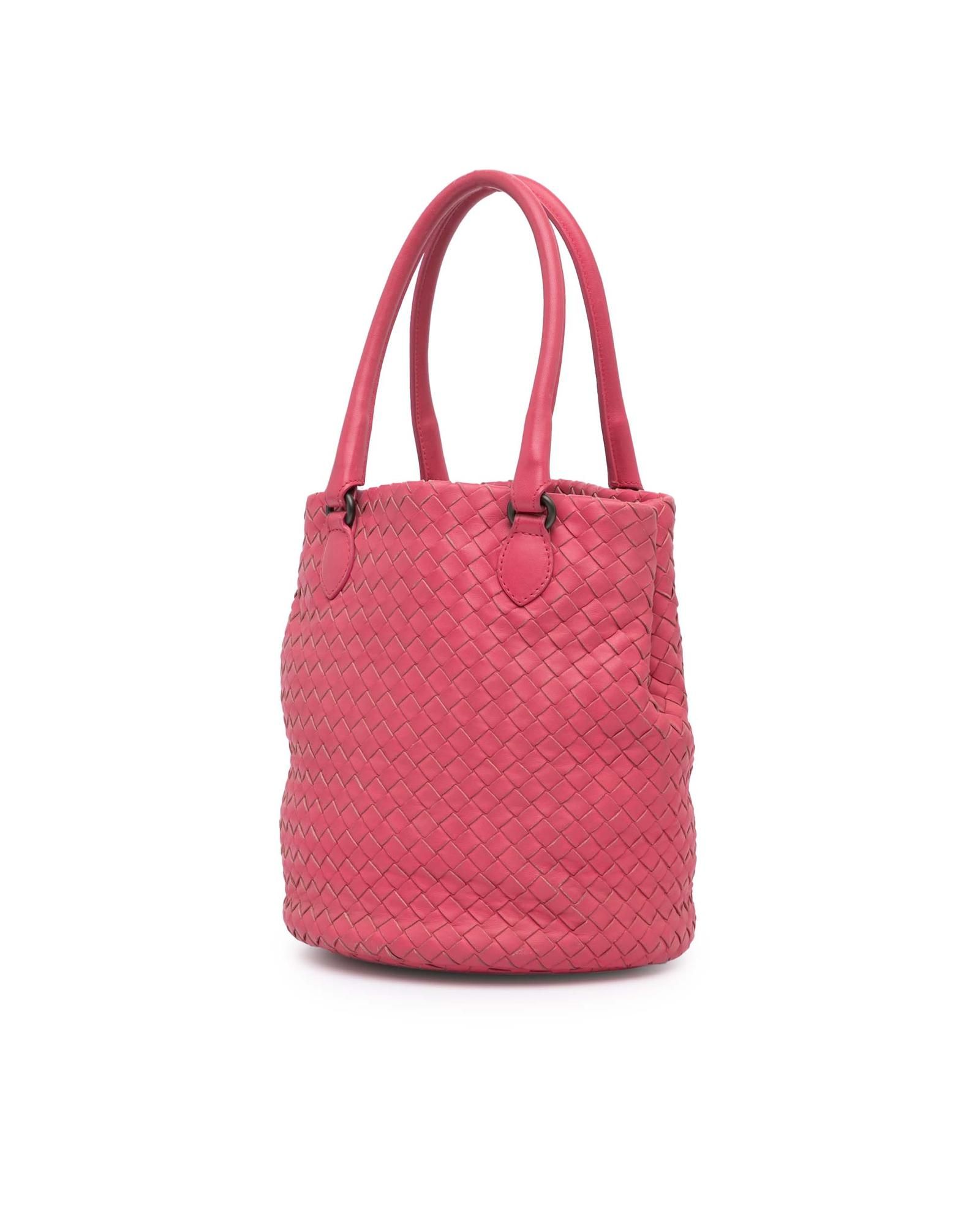 Bottega Veneta Preloved Intrecciato Bucket Bag Woven Leather Wo - Pink