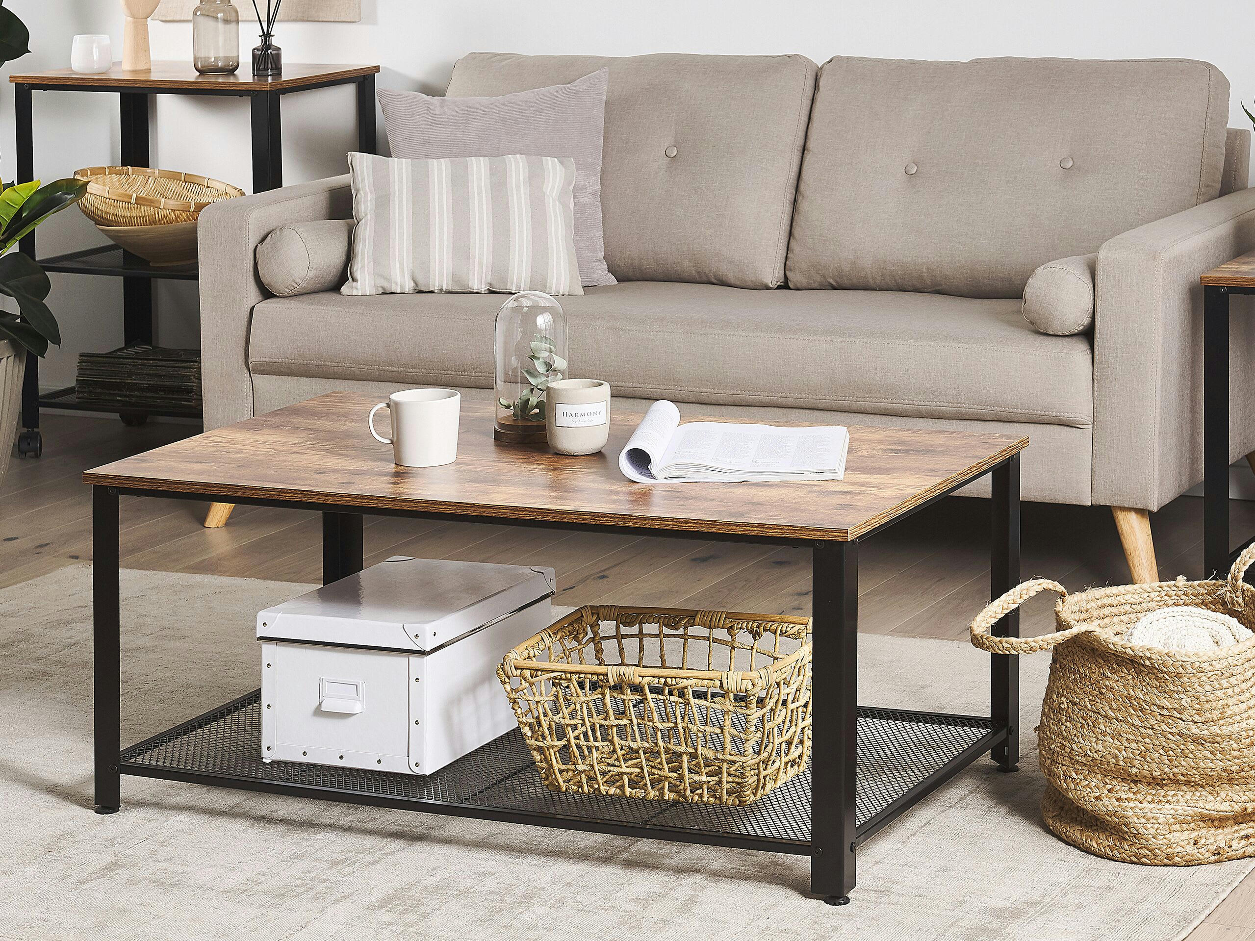 ASTON - Table basse bois foncé et noire plateau effet bois foncé vieilli