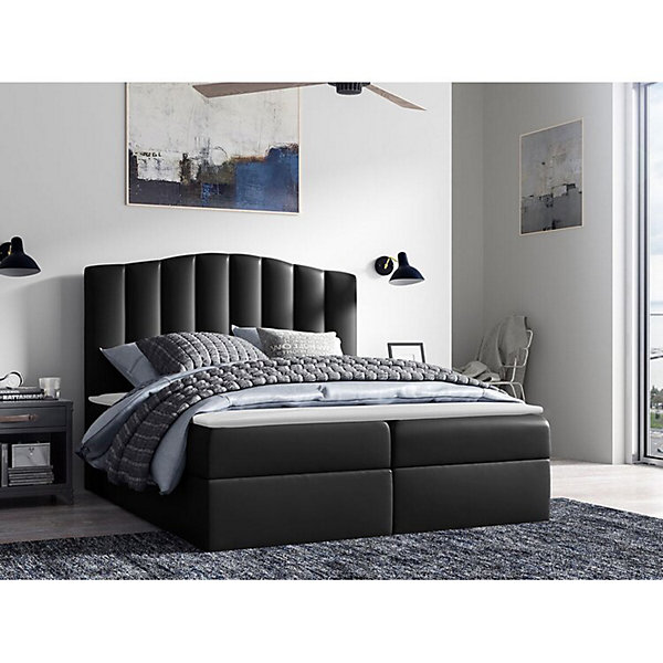 Lit continental Baltimore 153, Double, Noir, Faux cuir, Disponible
