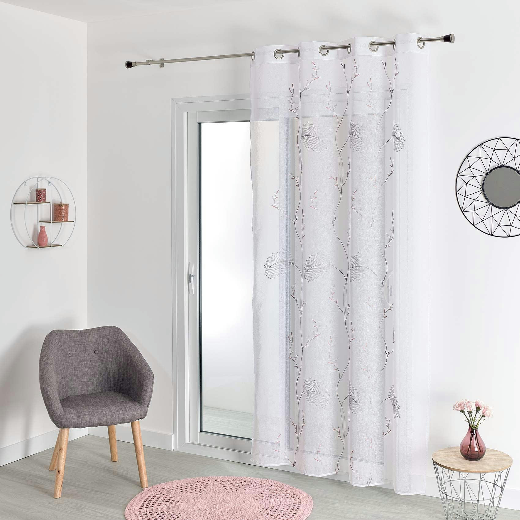 - Voilage nature en étamine brodée polyester rose clair 140x240 cm