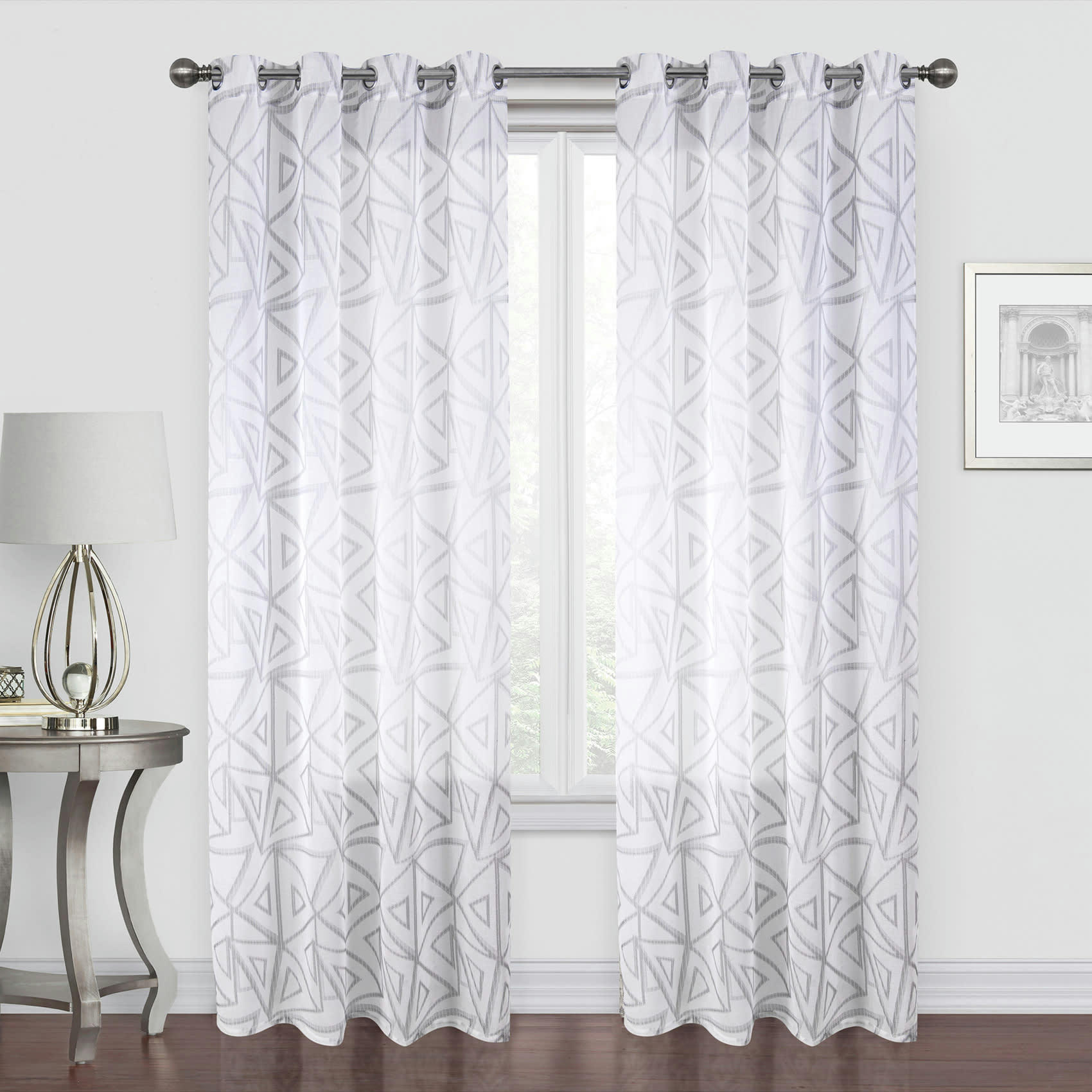 - Paire de voilages aux motifs triangles polyester gris clair 140x260 cm