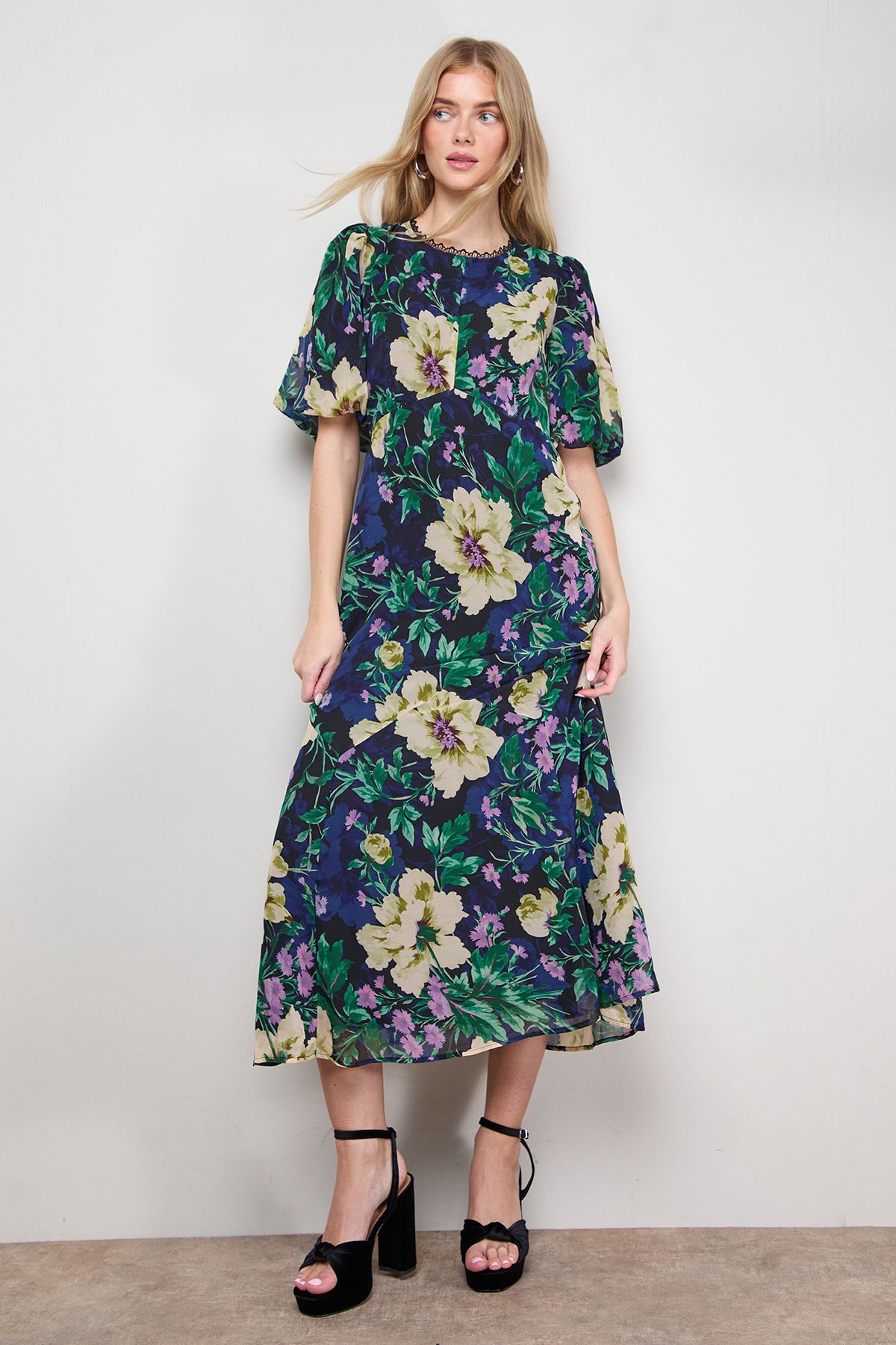Oasis Puff Sleeve Trim Detail Panelled Tea Dress