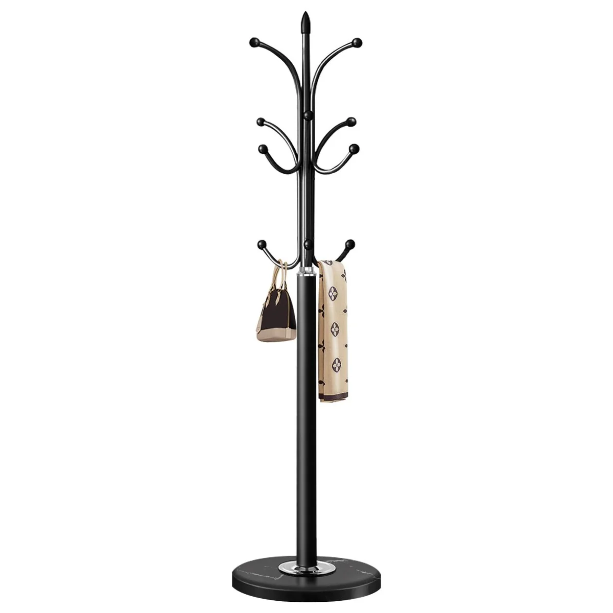 Metal Coat Rack Stand with Natural Marble Base, Coat Rack Freestanding, Sturdy Hall Tree with 12 Hooks for Hanging Clothes