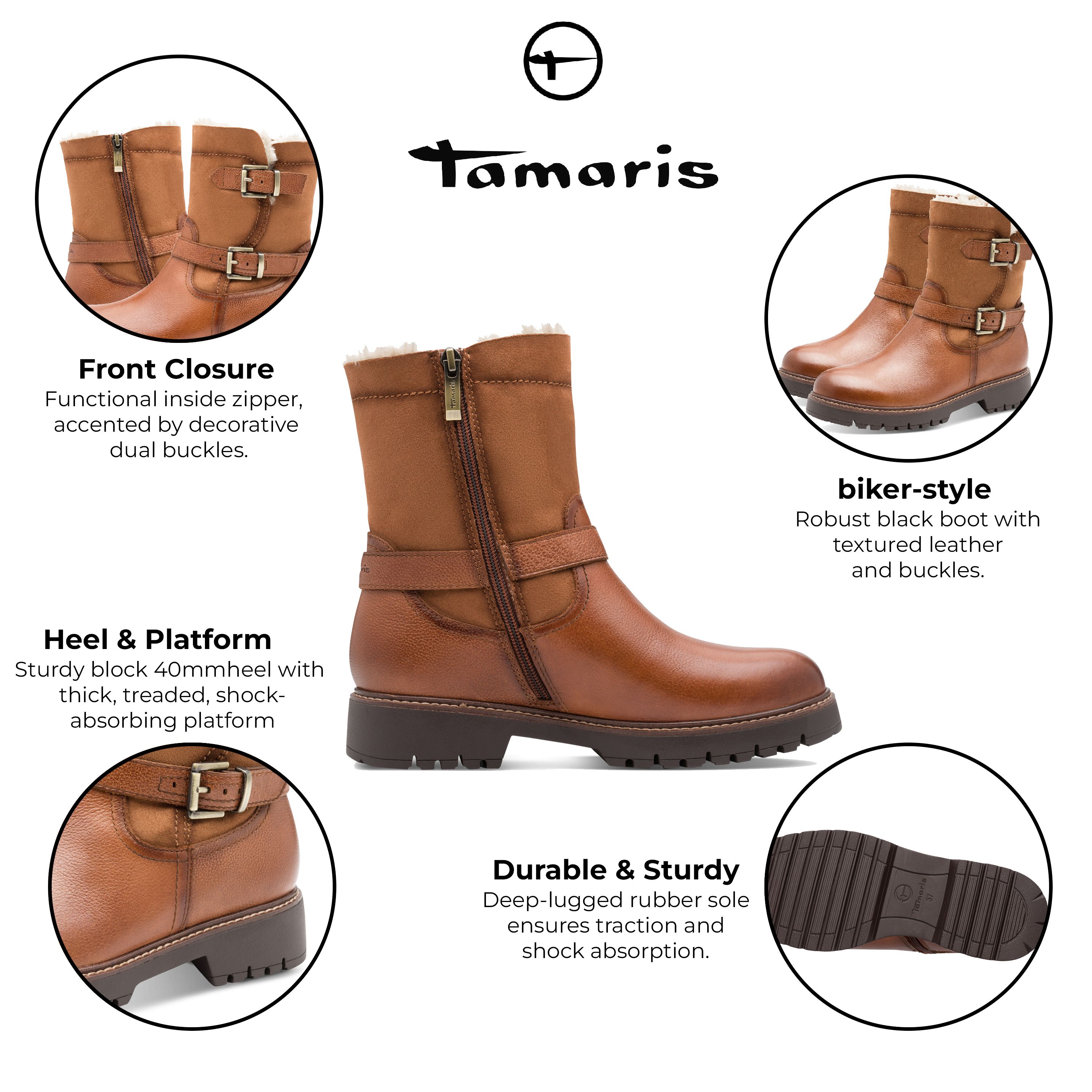 Infinity Leather Tamaris Winter Cognac Tan Leather Buckle Zip Biker Ankle Boots
