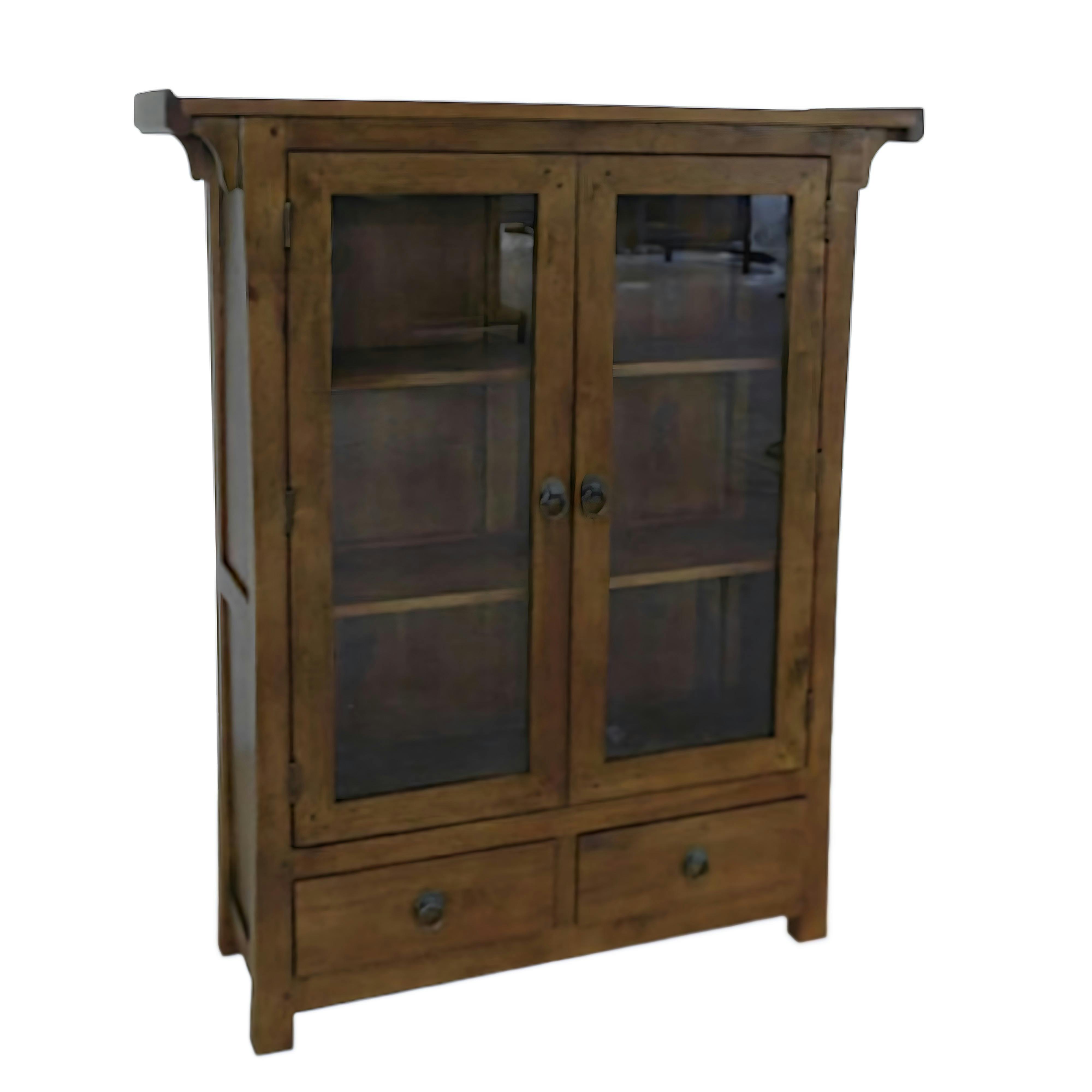 Vitrine Hévéa 2 portes vitrées, 2 tiroirs 100x30x120cm MAORI
