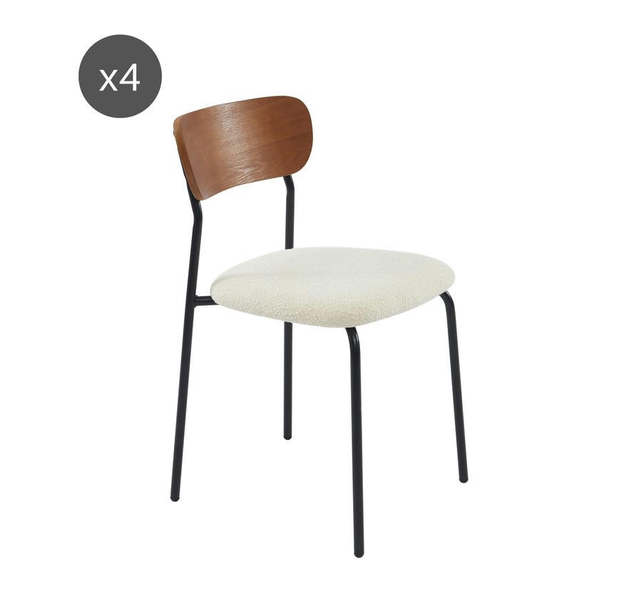FRIDA - Lot de 4 chaises  tissu bouclette écru pieds métal noir ecru