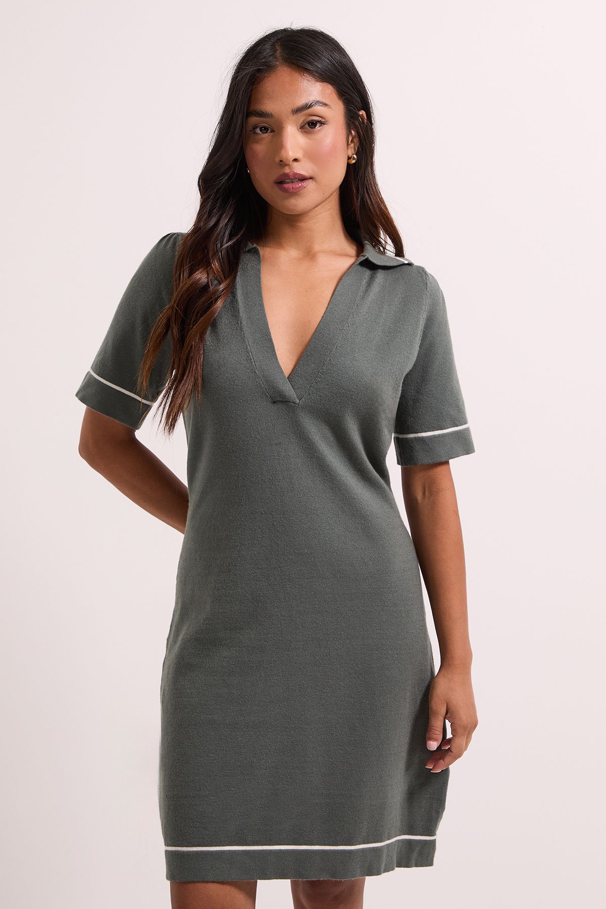 Dorothy Perkins Petite Khaki V Neck Knitted Tipped Mini Dress