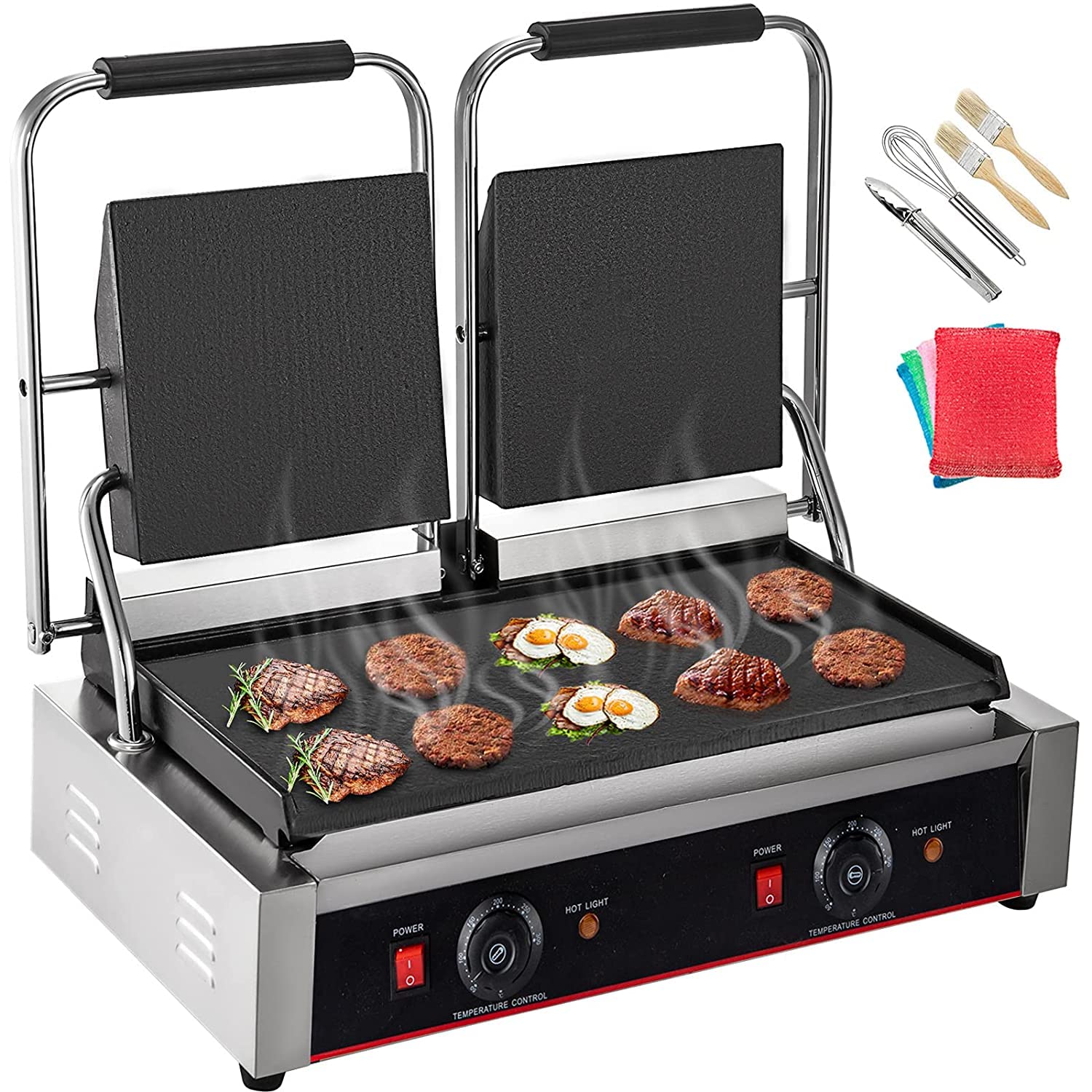 Commercial Sandwich Panini Press Grill, 2X1800W Double Flat Plates Electric Stainless Steel Sandwich Maker, Temperature Control 122��F-572��F Non Stick Surface for Hamburgers Steaks Bacons.