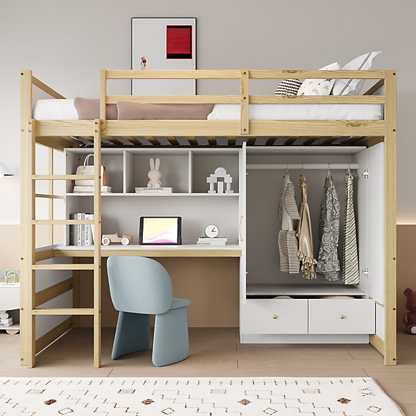 Lit mezzanine 90x200 cm ado/enfant 1 place avec bureau et armoire, escalier avec tiroirs, bois pin MDF couleur bois, sans matelas